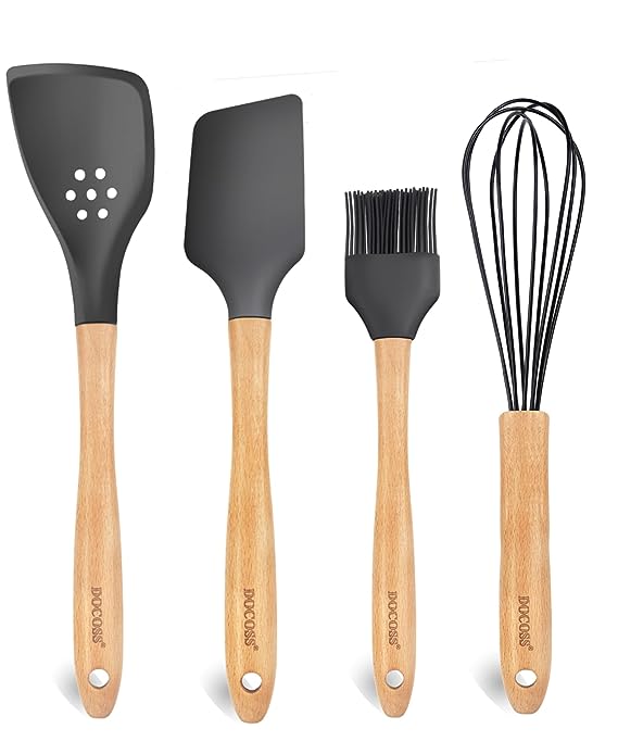 DOCOSS Pack Of 4 Wooden Spatula For Non Stick Pan / Silicone Spatula For Kitchen / Spatula For Cake / Spatulas For Cooking Spoon Set ,Baking Accessories(Black)