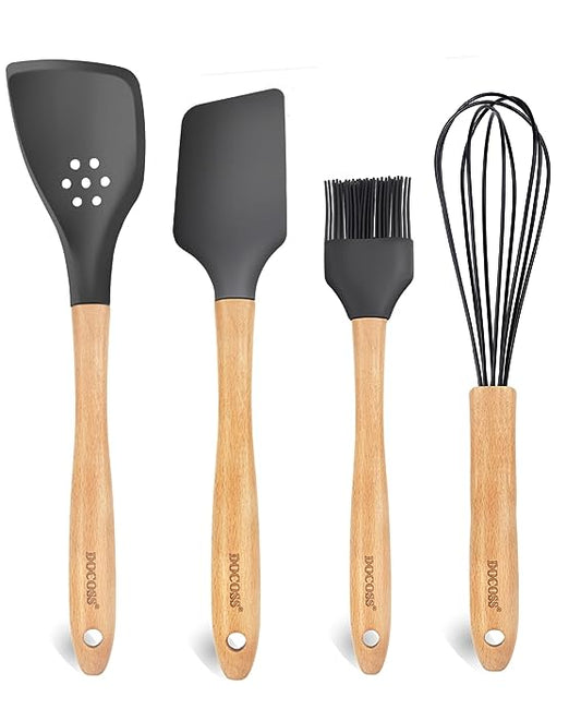 DOCOSS Pack Of 4 Wooden Spatula For Non Stick Pan / Silicone Spatula For Kitchen / Spatula For Cake / Spatulas For Cooking Spoon Set ,Baking Accessories(Black)