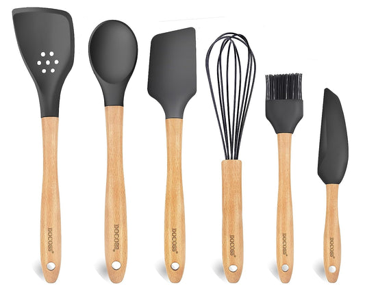 DOCOSS Pack Of 6 Wooden Spatula For Non Stick Pan / Silicone Spatula For Kitchen / Spatula For Cake / Spatulas For Cooking Spoon Set ,Baking Accessories(Black)