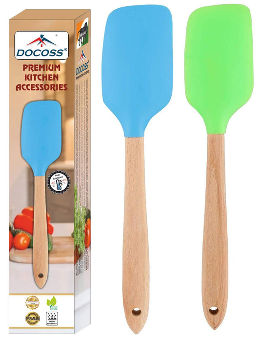 DOCOSS- Pack of 2-Wooden Spatula For Non Stick Pan /Silicone Spatula For Kitchen With Non Stick Spatula Set,Heat Resistant Silicon Spatulas For Cooking /Spatula For Cake /Dosa Spatula ,Baking Accessories