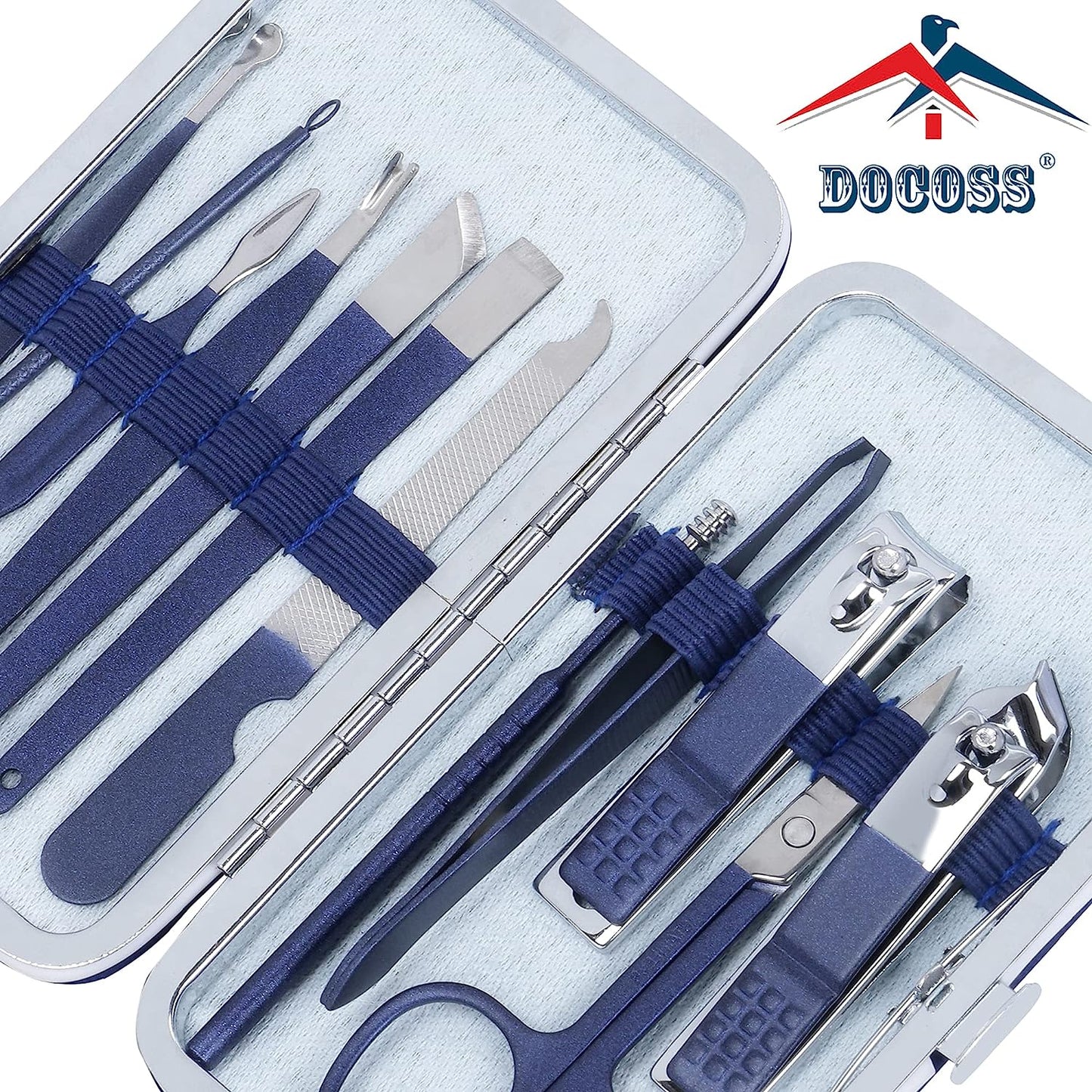DOCOSS-12 IN 1 Manicure Set Pedicure Stainless Steel Proffesional Nail Cutter Nail Scissors Grooming Kit with Peeling Knife, Nail Cleaning Knife, Acne needle, Blackhead Tool With Leather Travel Case