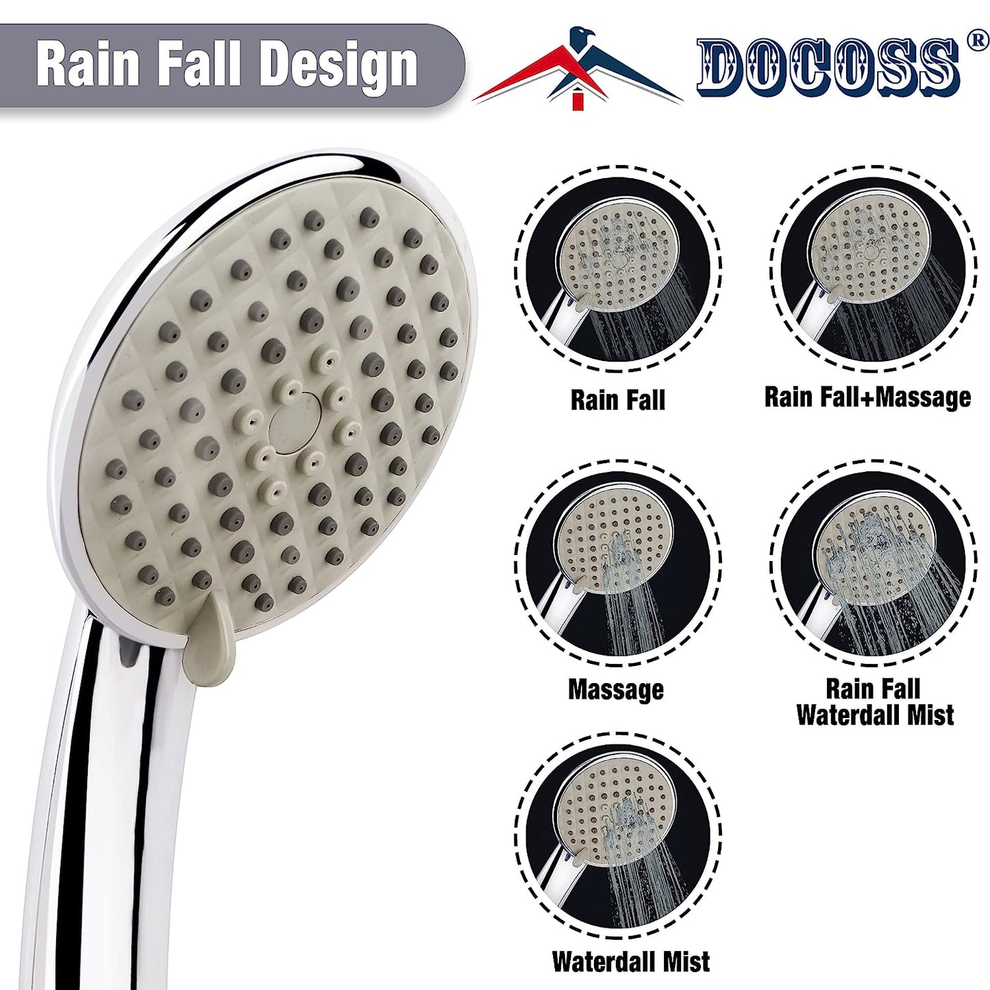 DOCOSS Premium Hand Shower For Bathroom 5-Flow Handheld Showers For Bathing / Hand Shower For Bath (Chrome)