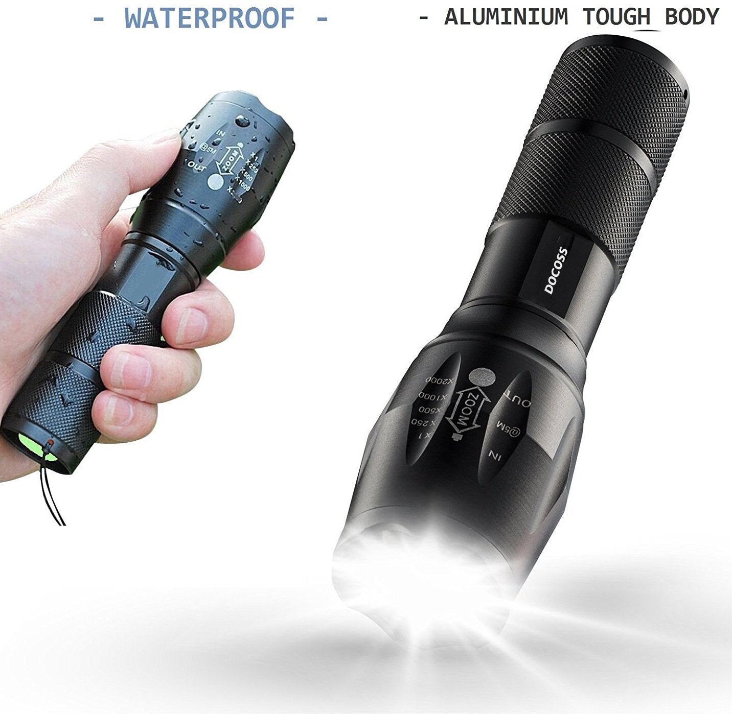 DOCOSS 5 Modes Torch Lights Rechargeable Lights Ultra Bright Cree Led Torch Light Water Resistant High Power Long Distance With Adjustable Focus & Charger (Black, Metal)