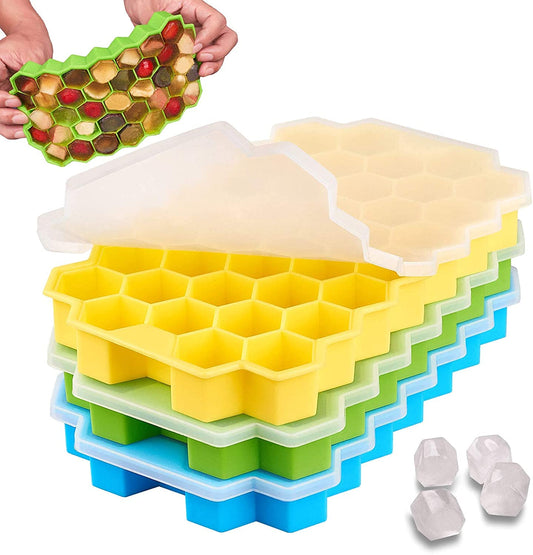DOCOSS Pack Of 3 Silicone Ice Mold Premium Ice Cube Moulds Maker 37 Cavity Silicon Ice Tray For Freezer Ice Cube Trays with Lid (Multicolor)