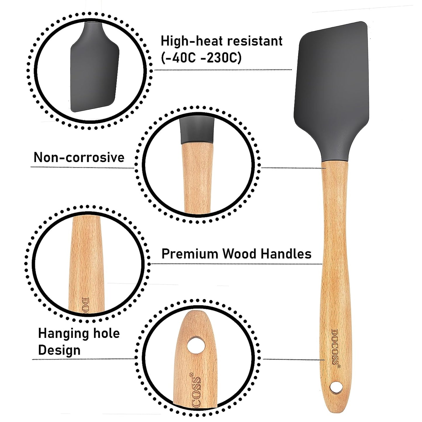 DOCOSS Pack Of 4 Wooden Spatula For Non Stick Pan / Silicone Spatula For Kitchen / Spatula For Cake / Spatulas For Cooking Spoon Set ,Baking Accessories(Black)