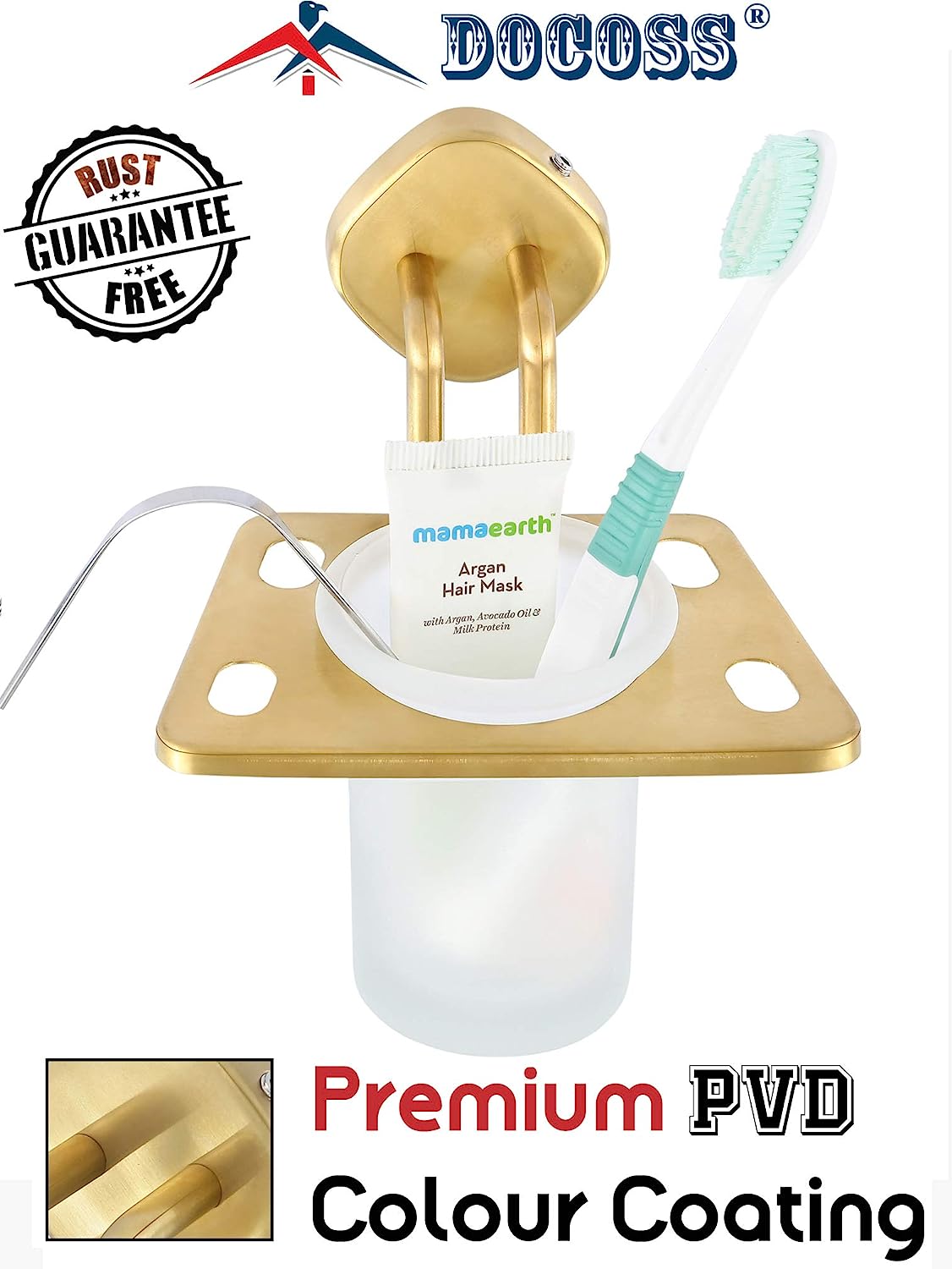 DOCOSS - PVD Coated Modern Glass Toothbrush Holder Wall Mounted (3 Years Warranty)Anti Rust Tumbler Holder Tooth Brush Stand Steel Brush Holder for Washbasin/Bathroom Accessories (Gold)