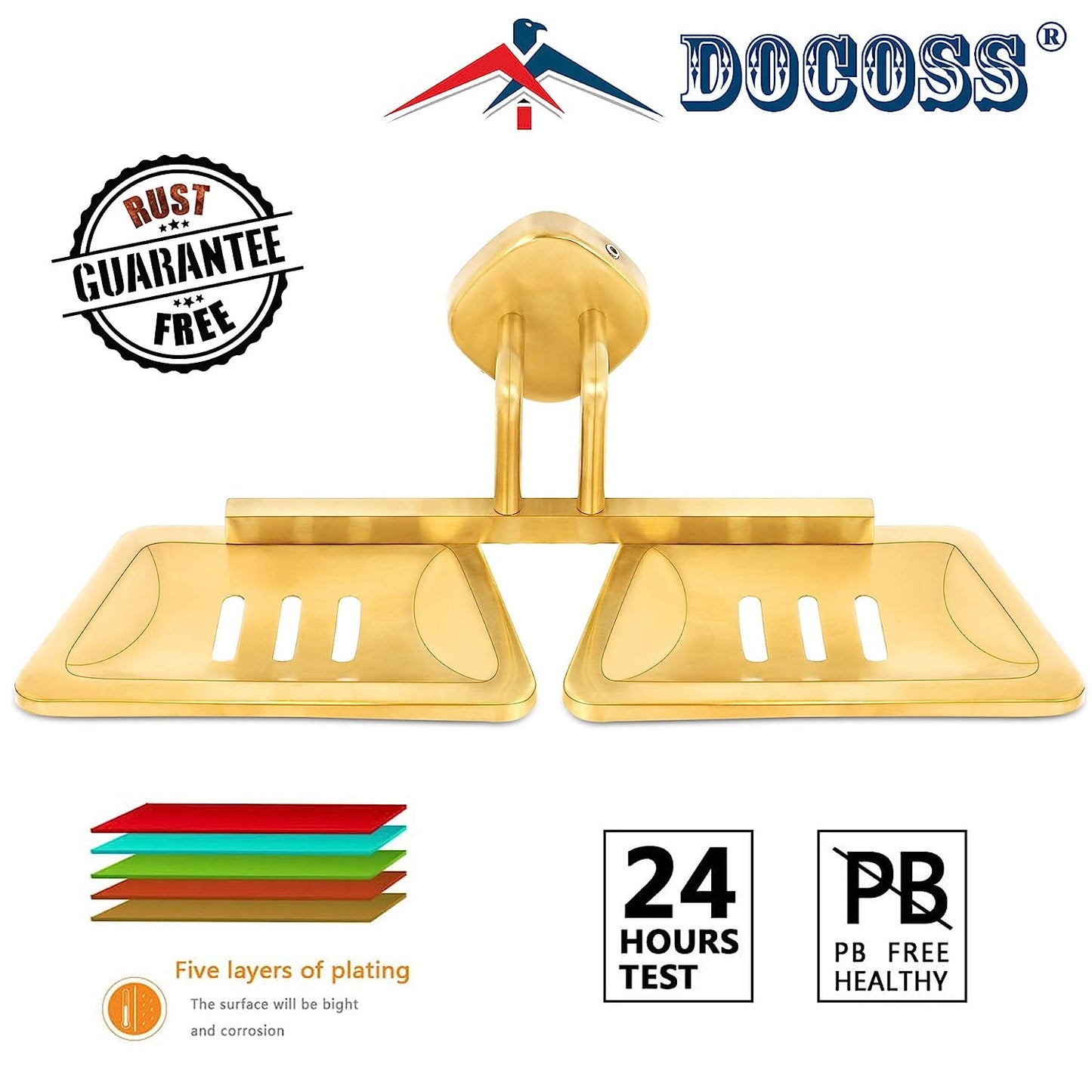 DOCOSS- PVD Coated Stainless Steel Gold Double Soap Holder For Bathroom(3 Years Warranty) Anti Rust Soap Stands for Bathroom Wall Steel Soap Tray Soap Dish Bathroom Accessories (Gold)