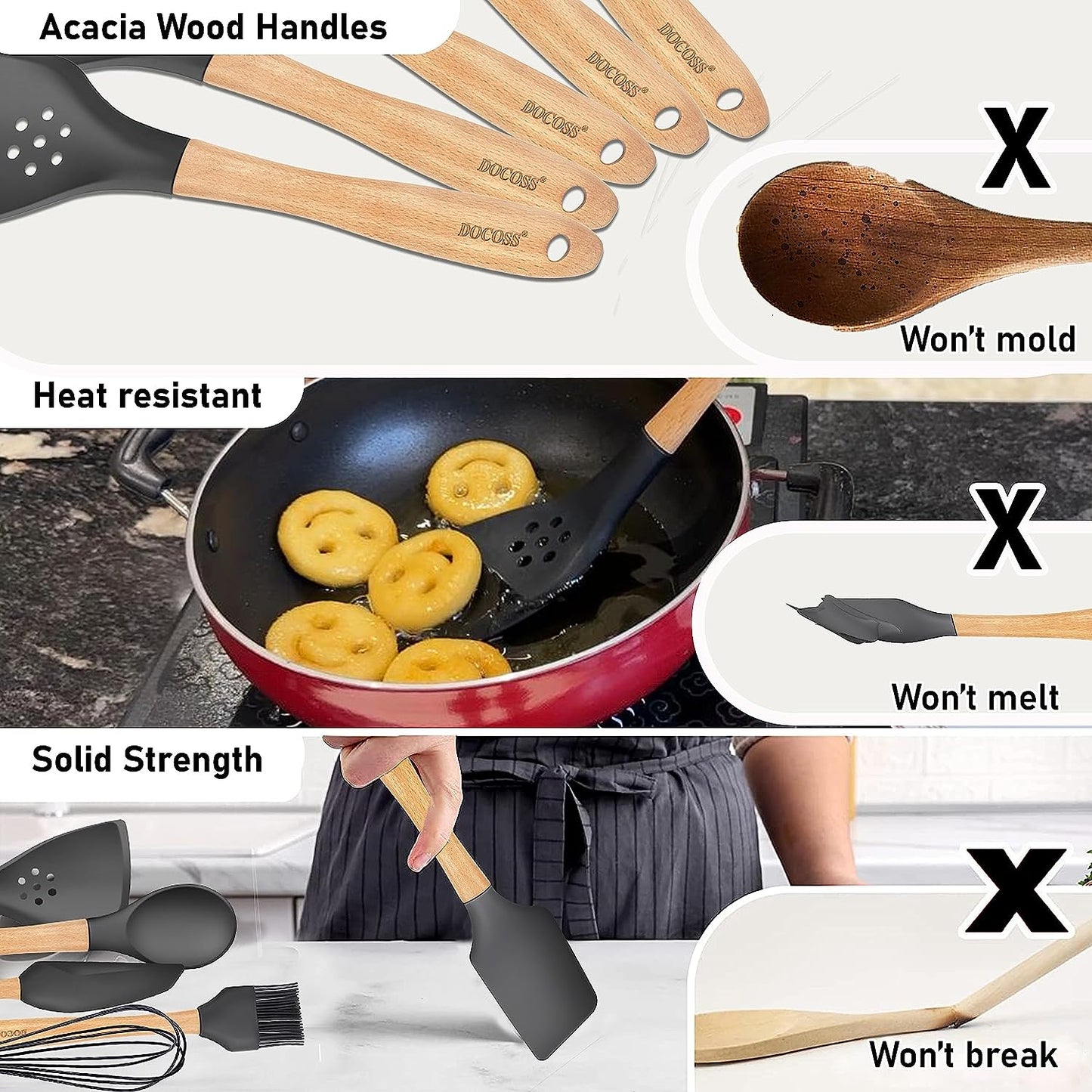 DOCOSS Pack Of 4 Wooden Spatula For Non Stick Pan / Silicone Spatula For Kitchen / Spatula For Cake / Spatulas For Cooking Spoon Set ,Baking Accessories(Black)