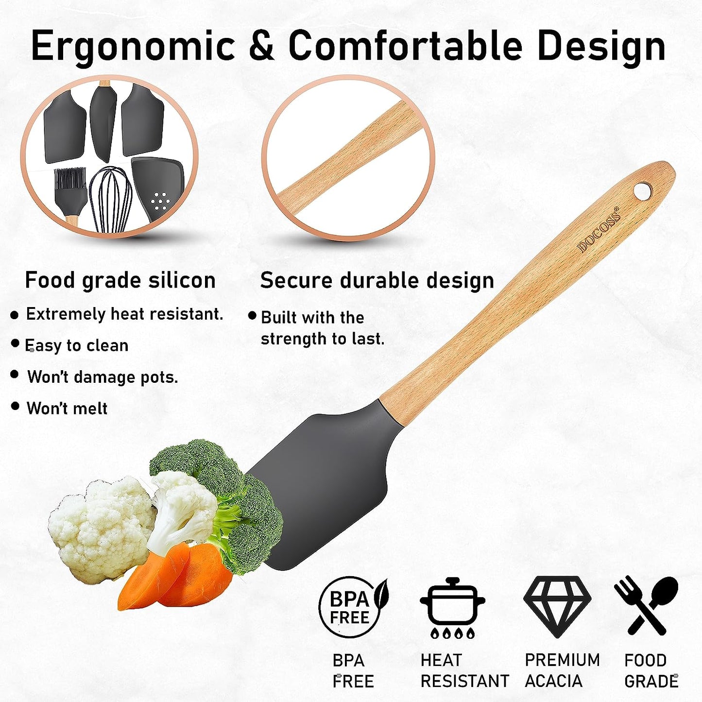 DOCOSS Pack Of 4 Wooden Spatula For Non Stick Pan / Silicone Spatula For Kitchen / Spatula For Cake / Spatulas For Cooking Spoon Set ,Baking Accessories(Black)