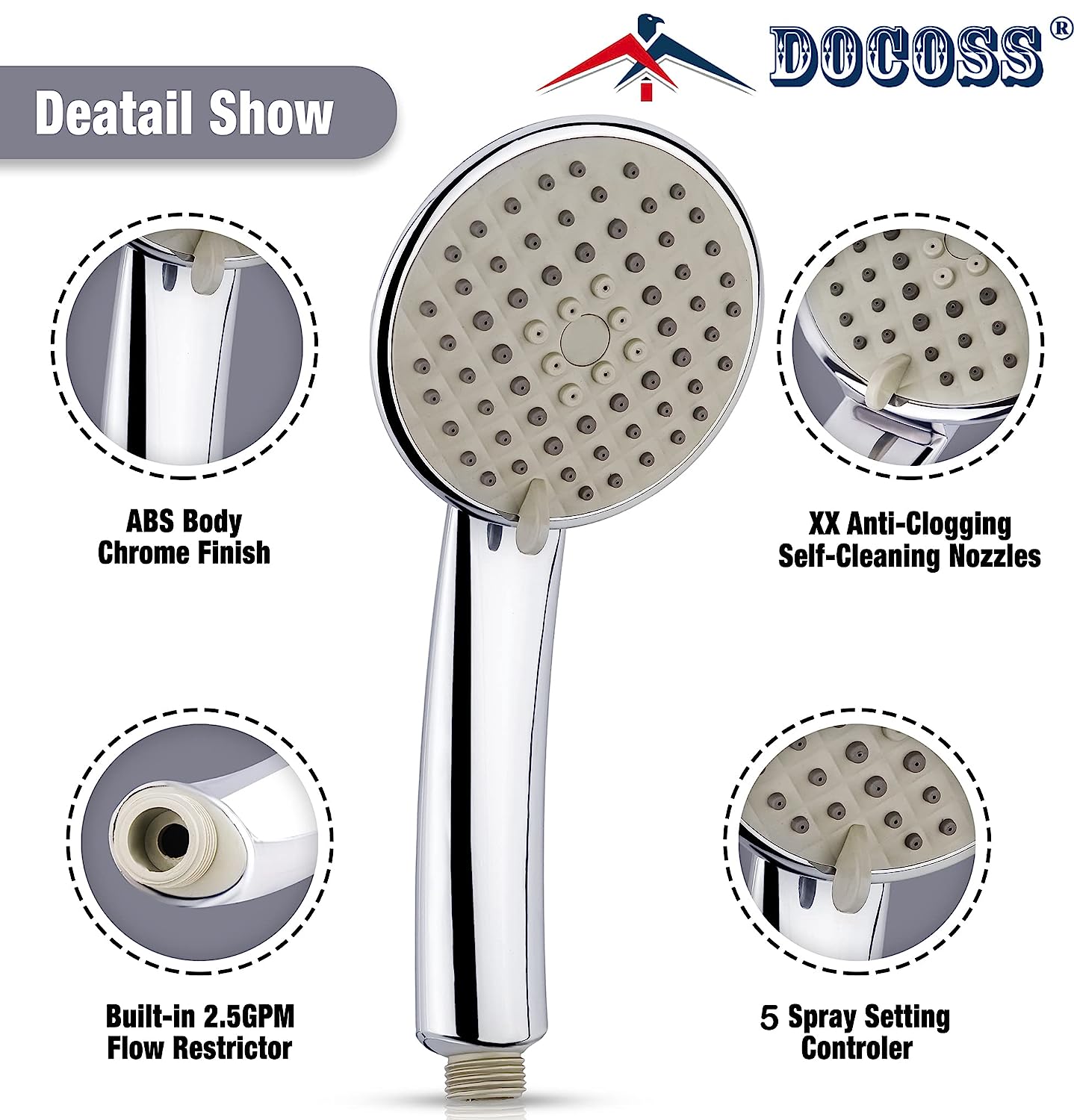 DOCOSS Premium Hand Shower For Bathroom 5-Flow Handheld Showers For Bathing / Hand Shower For Bath (Chrome)