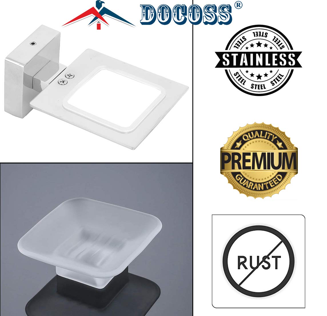 DOCOSS- Stainless Steel Glass Soap Holder for bathroom Anti Rust Soap Stand For Bathroom Wall Steel Soap Tray Soap Dish Bathroom Accessories (Silver)