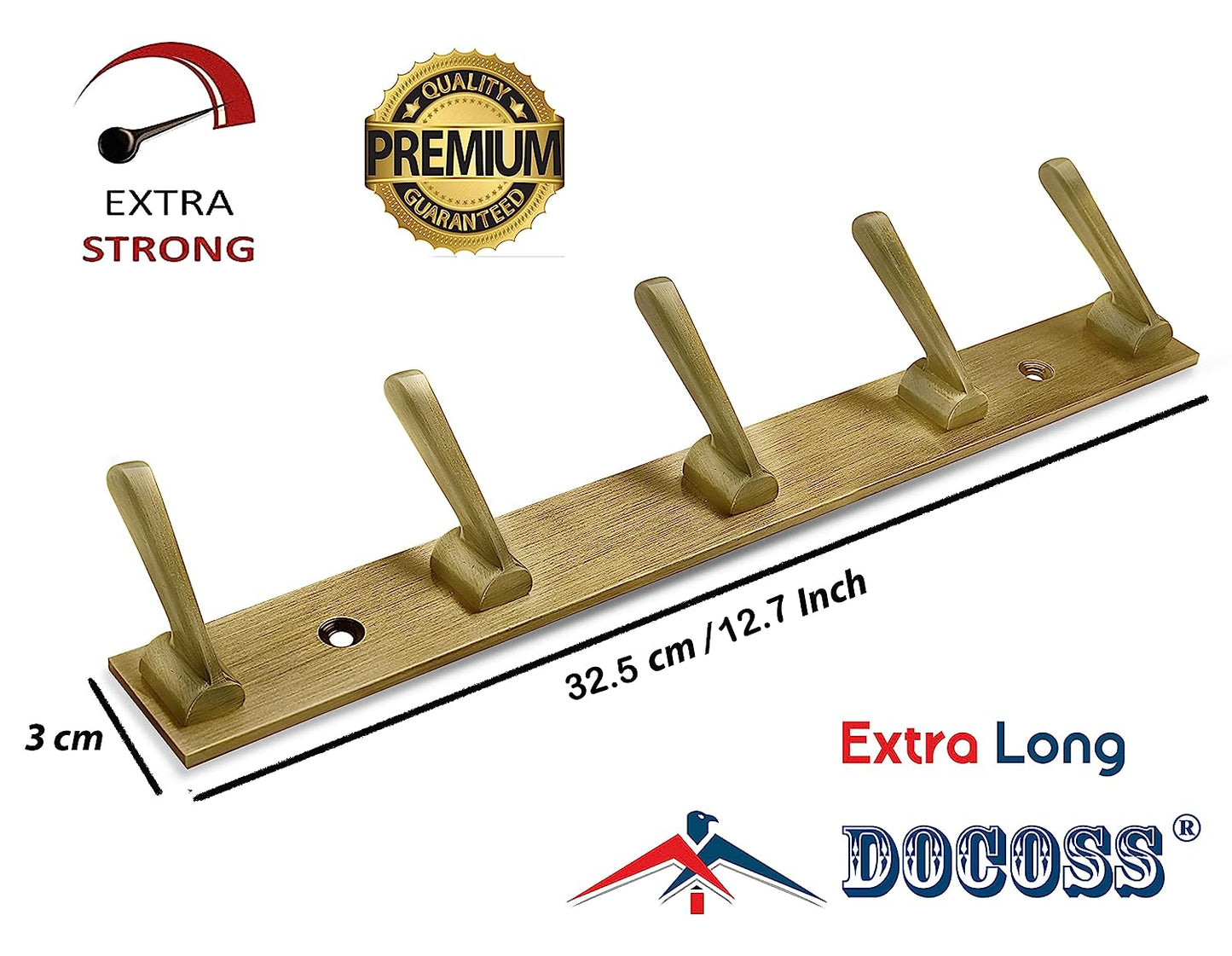 DOCOSS-Pack of 3-Deluxe Metal Antique Brass Colour 5 Pin Cloth Hangers for Wall Door Cloth Hook Bathroom Wall Hooks Rail for Hanging Clothes,Towel Bathroom Accessories