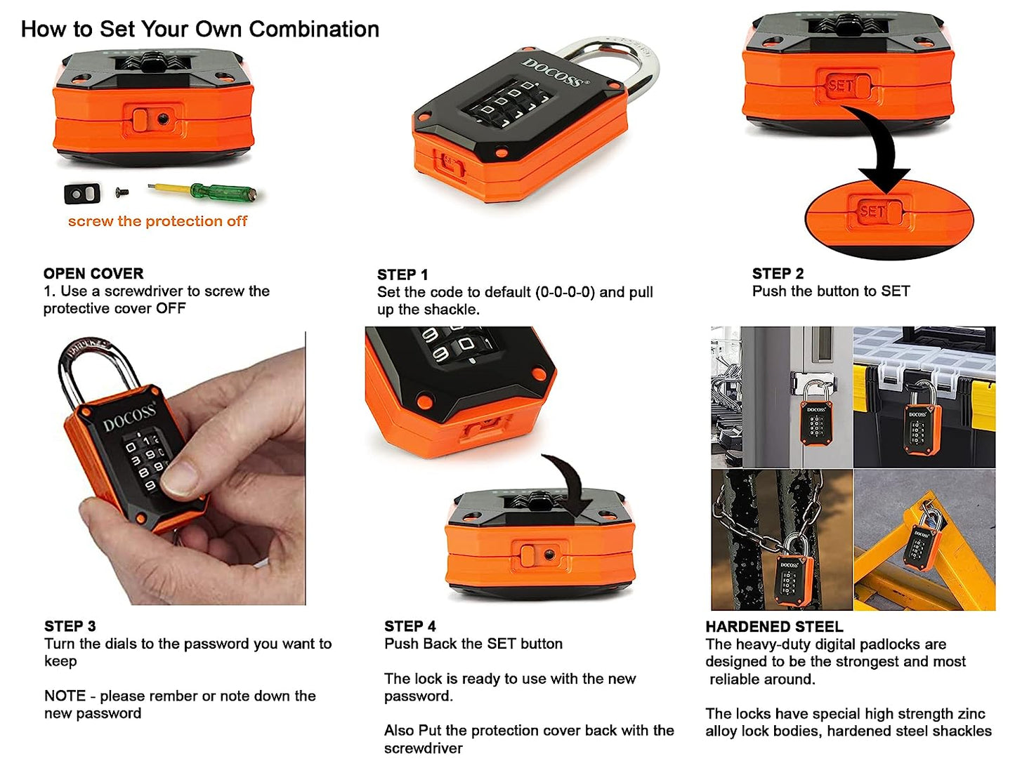 DOCOSS Strong Number Locks for Door / Combination Lock Padlock / Door Combination Lock ,Pad Lock ,Gate Lock, Gym Locker Lock ,Locks for Main Gate (Orange Black)