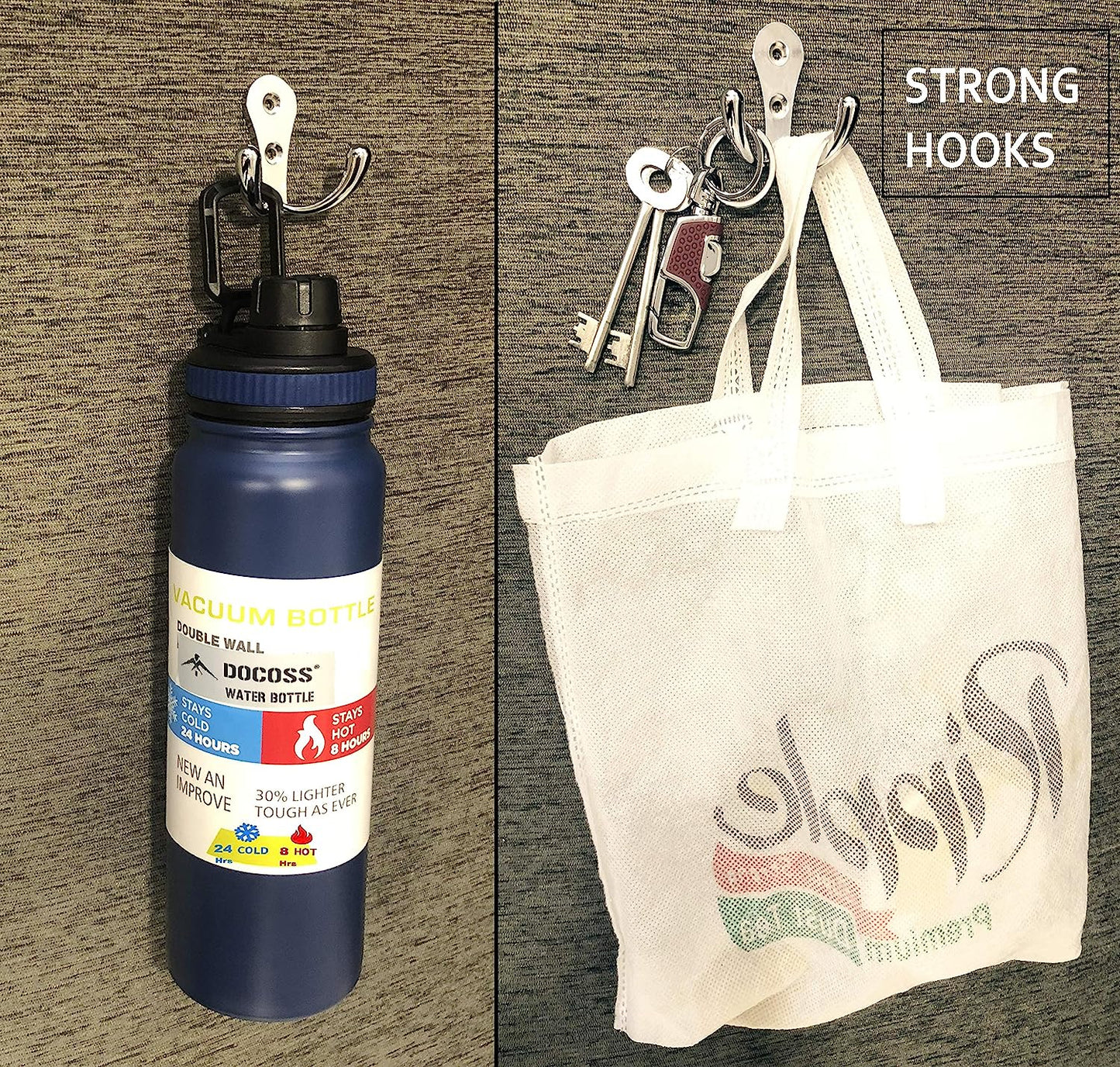 DOCOSS -Pack of 4-Glossy-2 Pin Bathroom Cloth Hanger Door Wall Robe Hooks Rail for Hanging Keys,Clothes,Towel Steel Hook