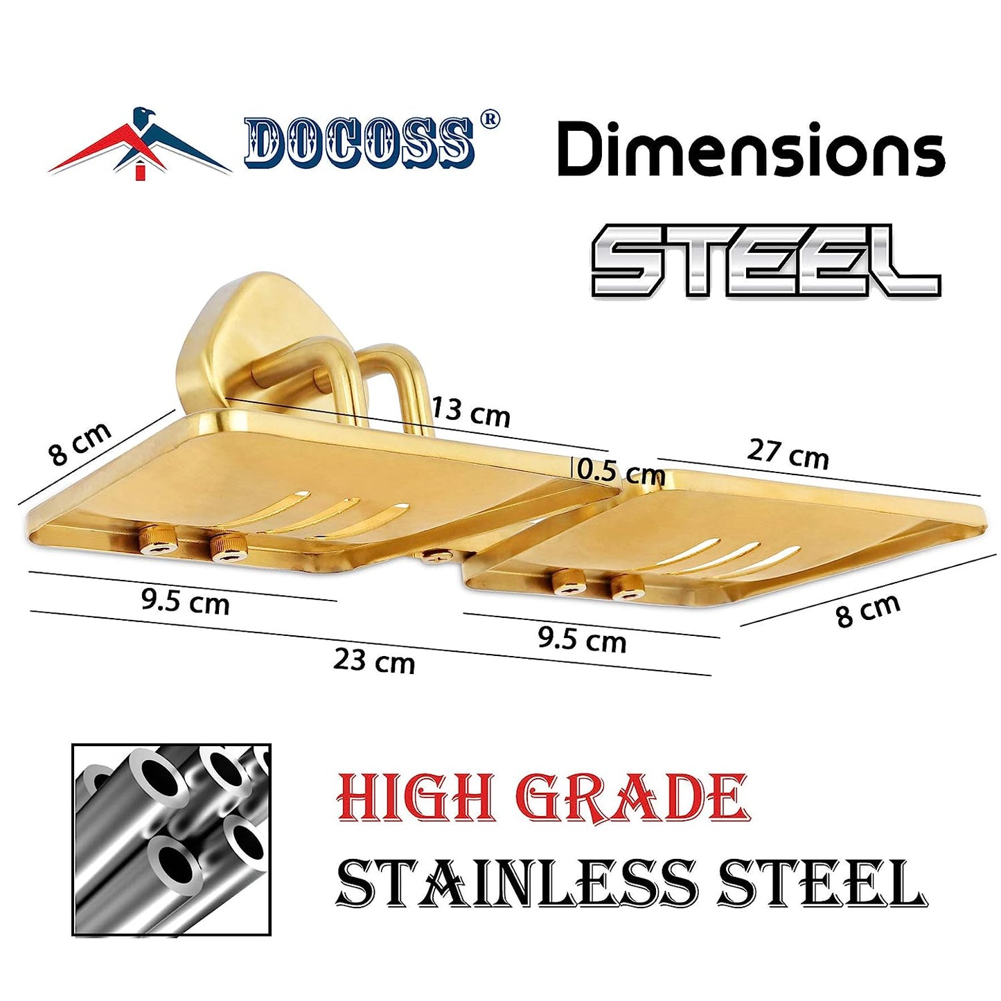 DOCOSS- PVD Coated Stainless Steel Gold Double Soap Holder For Bathroom(3 Years Warranty) Anti Rust Soap Stands for Bathroom Wall Steel Soap Tray Soap Dish Bathroom Accessories (Gold)