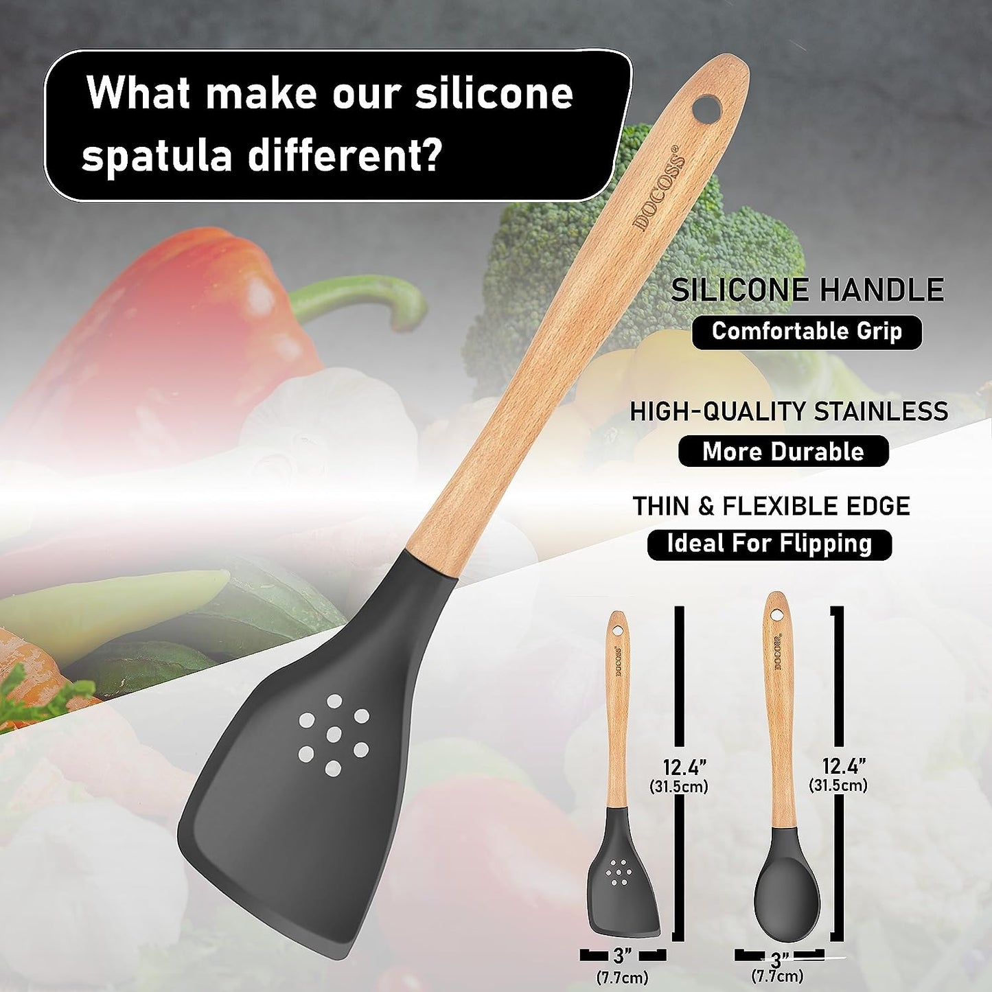 DOCOSS Pack Of 4 Wooden Spatula For Non Stick Pan / Silicone Spatula For Kitchen / Spatula For Cake / Spatulas For Cooking Spoon Set ,Baking Accessories(Black)