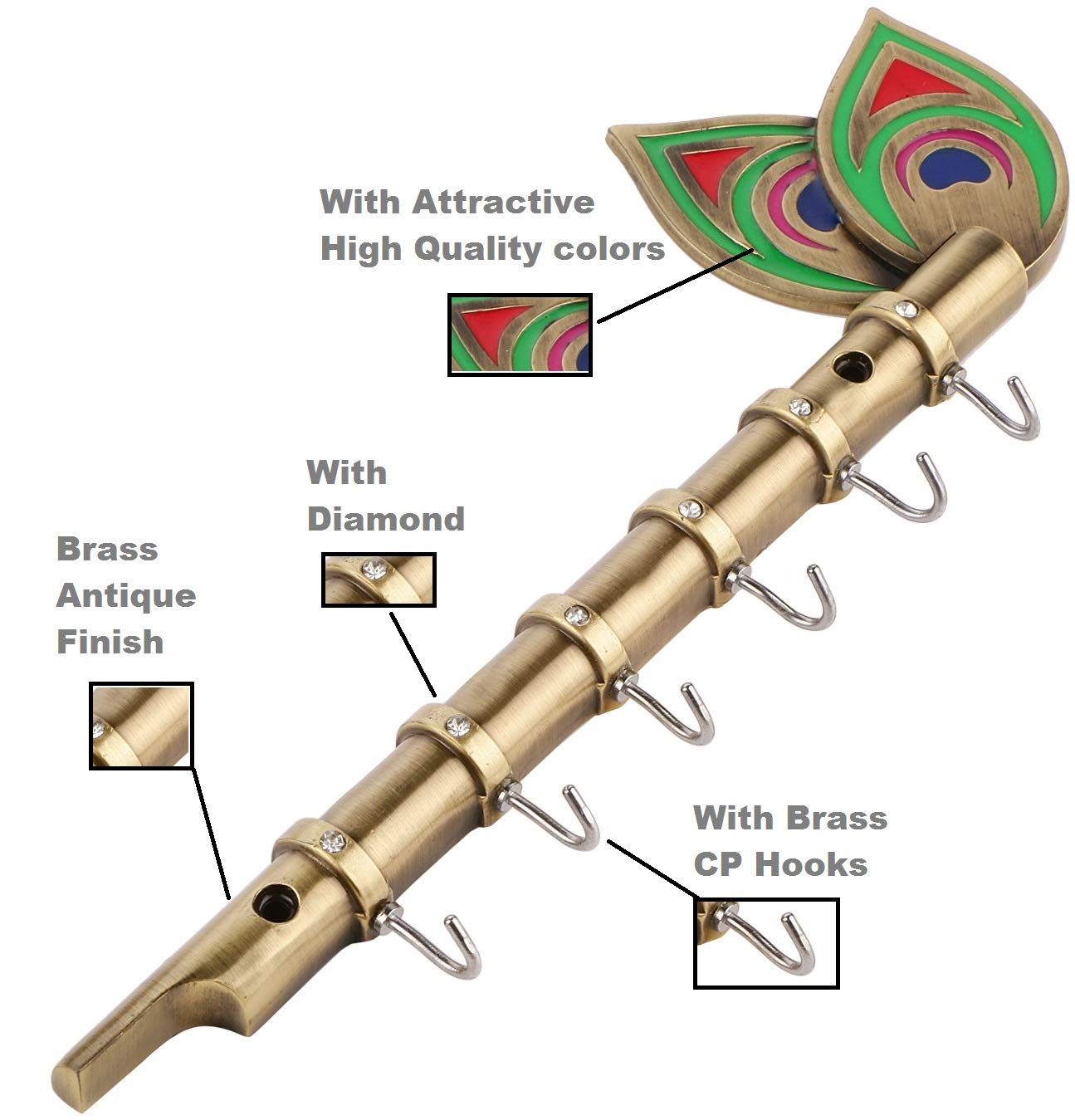 DOCOSS - Brass BIG Antique Flute 6 pin For Keys Hanger Hook,Wall Key Holder, Key Stand, Keys Rack Hook, Key Hanging Hooks