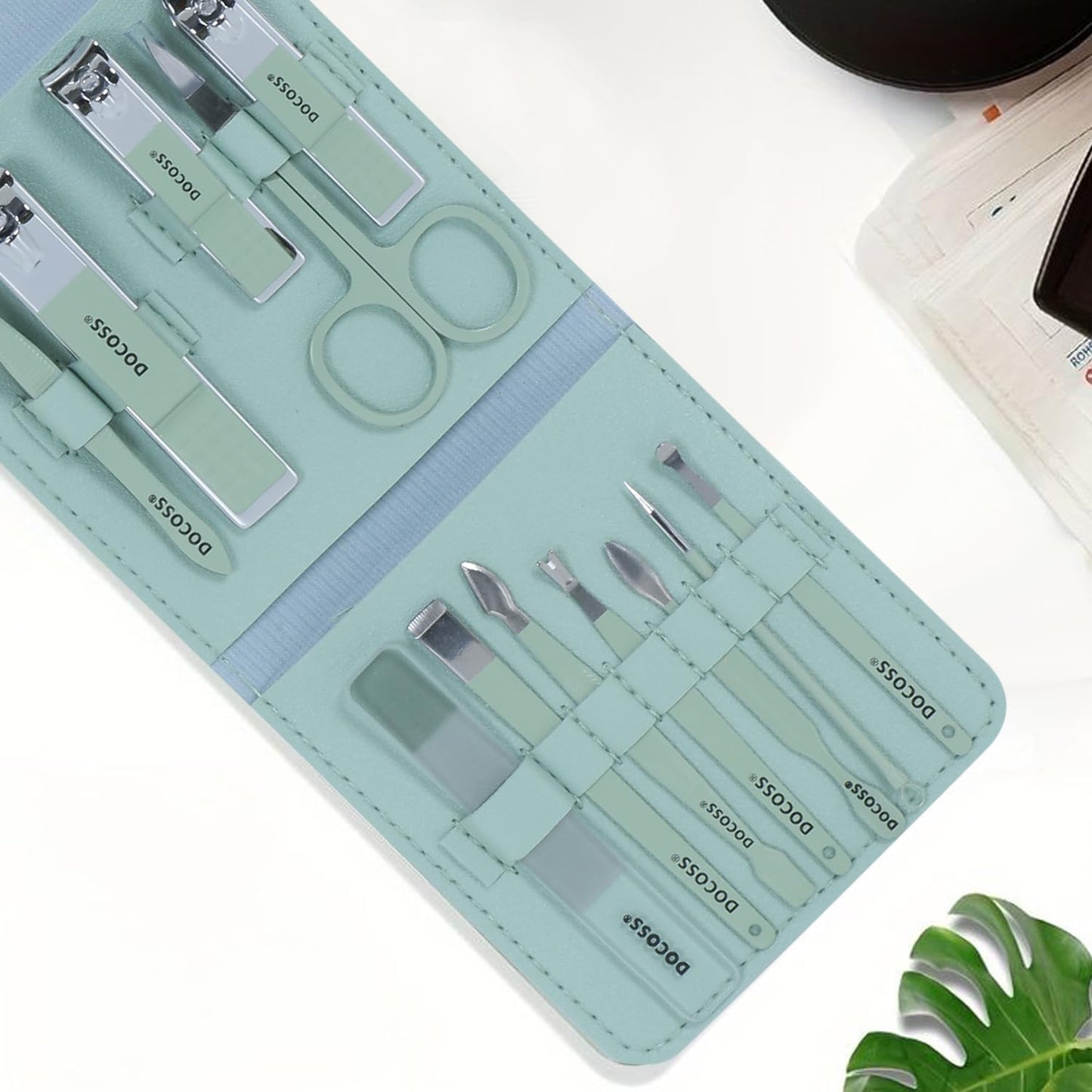 DOCOSS Manicure Kit For Women,Nail Cutter Kit For Women/Girls With Leather Pouch For Manicure Pedicure kit with Acne needle,Nail Cllippers & Tools (Mint Green)