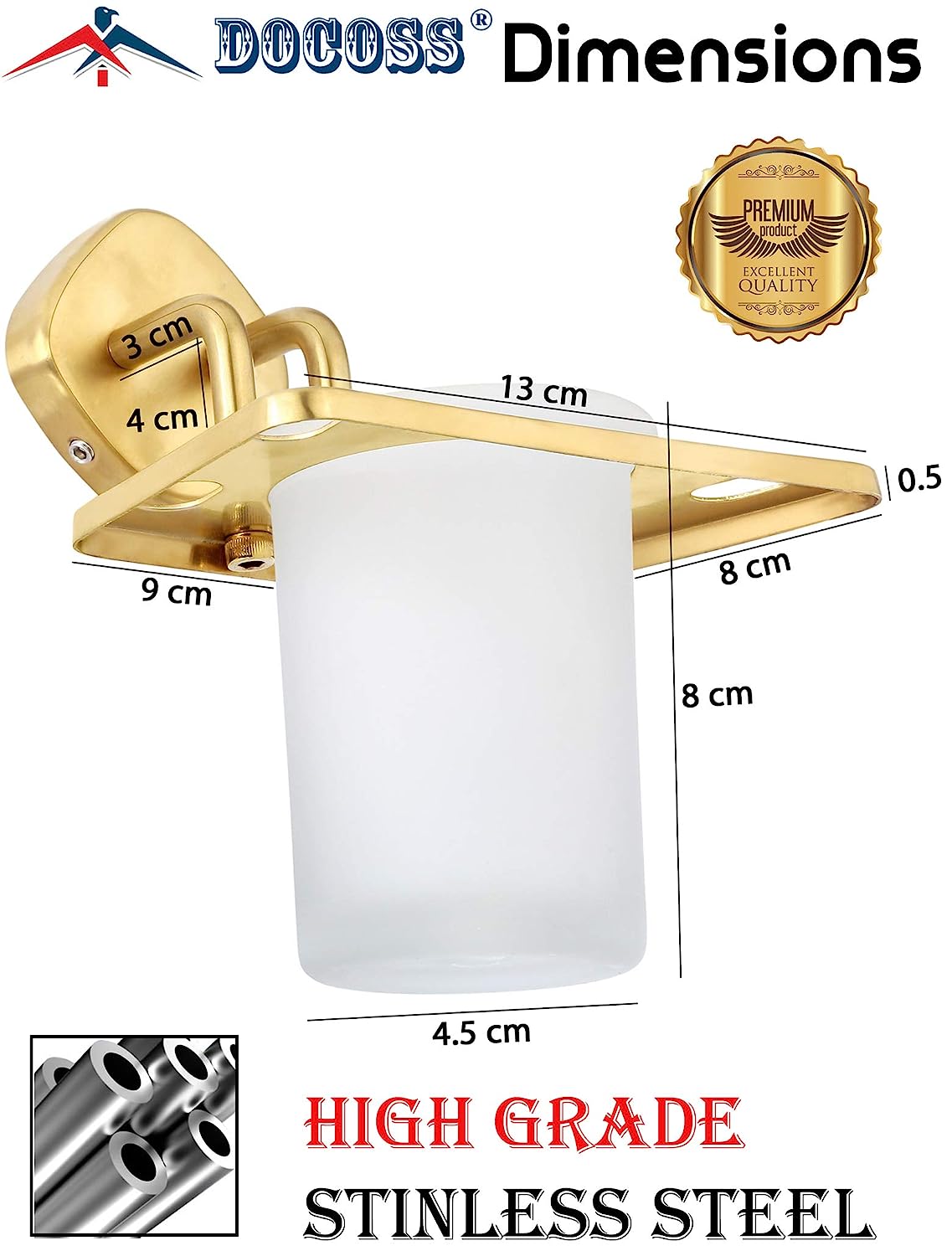 DOCOSS - PVD Coated Modern Glass Toothbrush Holder Wall Mounted (3 Years Warranty)Anti Rust Tumbler Holder Tooth Brush Stand Steel Brush Holder for Washbasin/Bathroom Accessories (Gold)