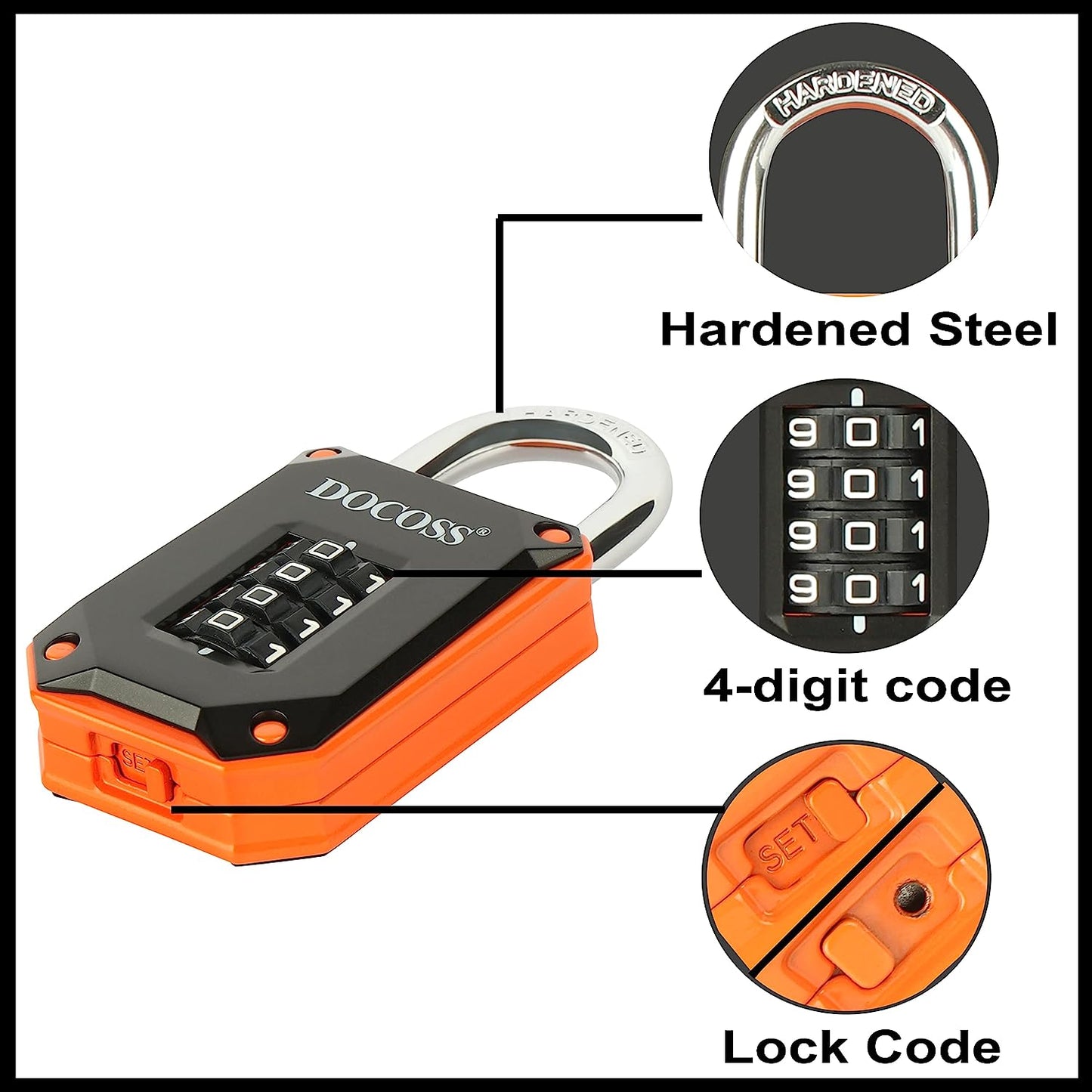 DOCOSS Strong Number Locks for Door / Combination Lock Padlock / Door Combination Lock ,Pad Lock ,Gate Lock, Gym Locker Lock ,Locks for Main Gate (Orange Black)