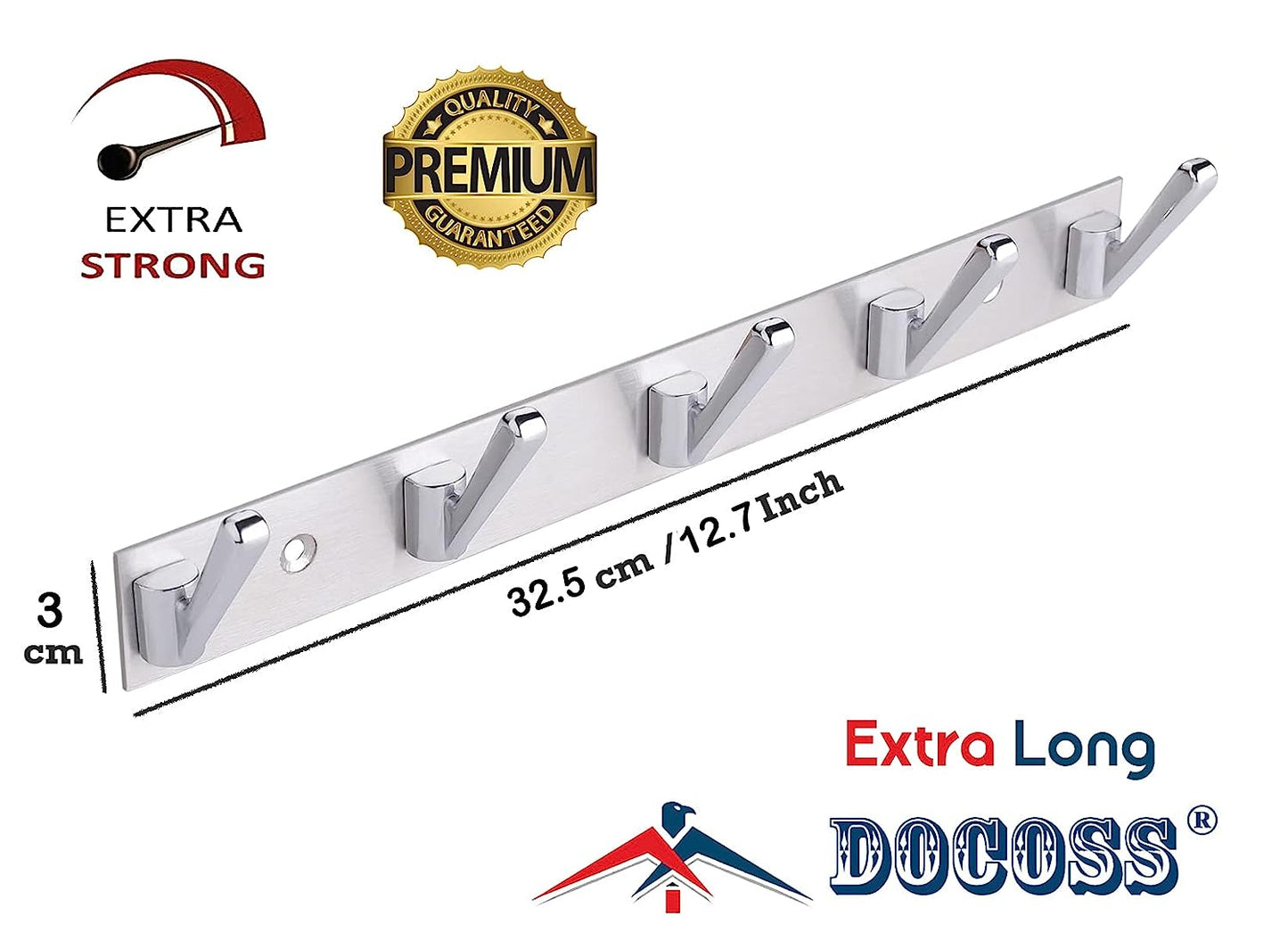 DOCOSS Deluxe Stainless Steel Bathroom Cloth Hooks 5 Pins Hanger Door Wall Bedroom Robe Hooks Rail for Hanging Keys,Clothes,Towel Steel Hook