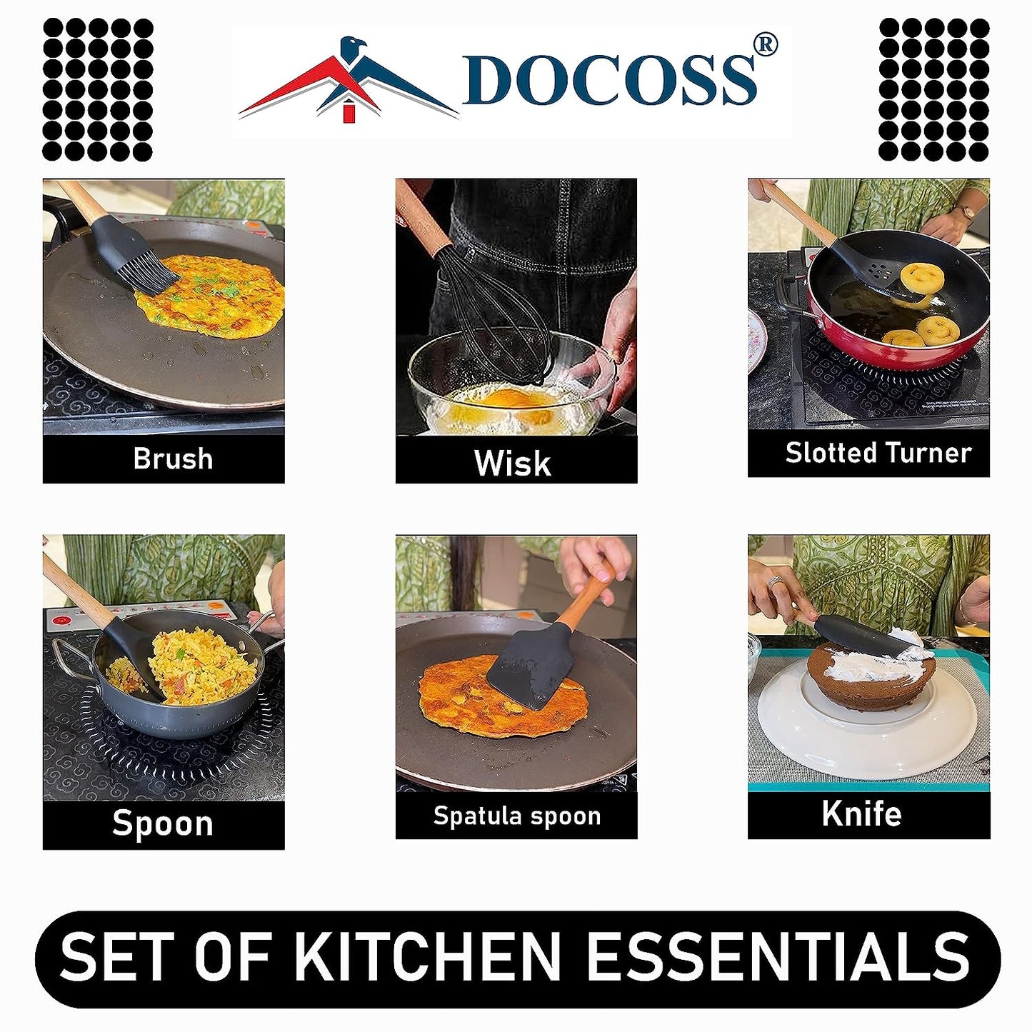 DOCOSS Pack Of 4 Wooden Spatula For Non Stick Pan / Silicone Spatula For Kitchen / Spatula For Cake / Spatulas For Cooking Spoon Set ,Baking Accessories(Black)