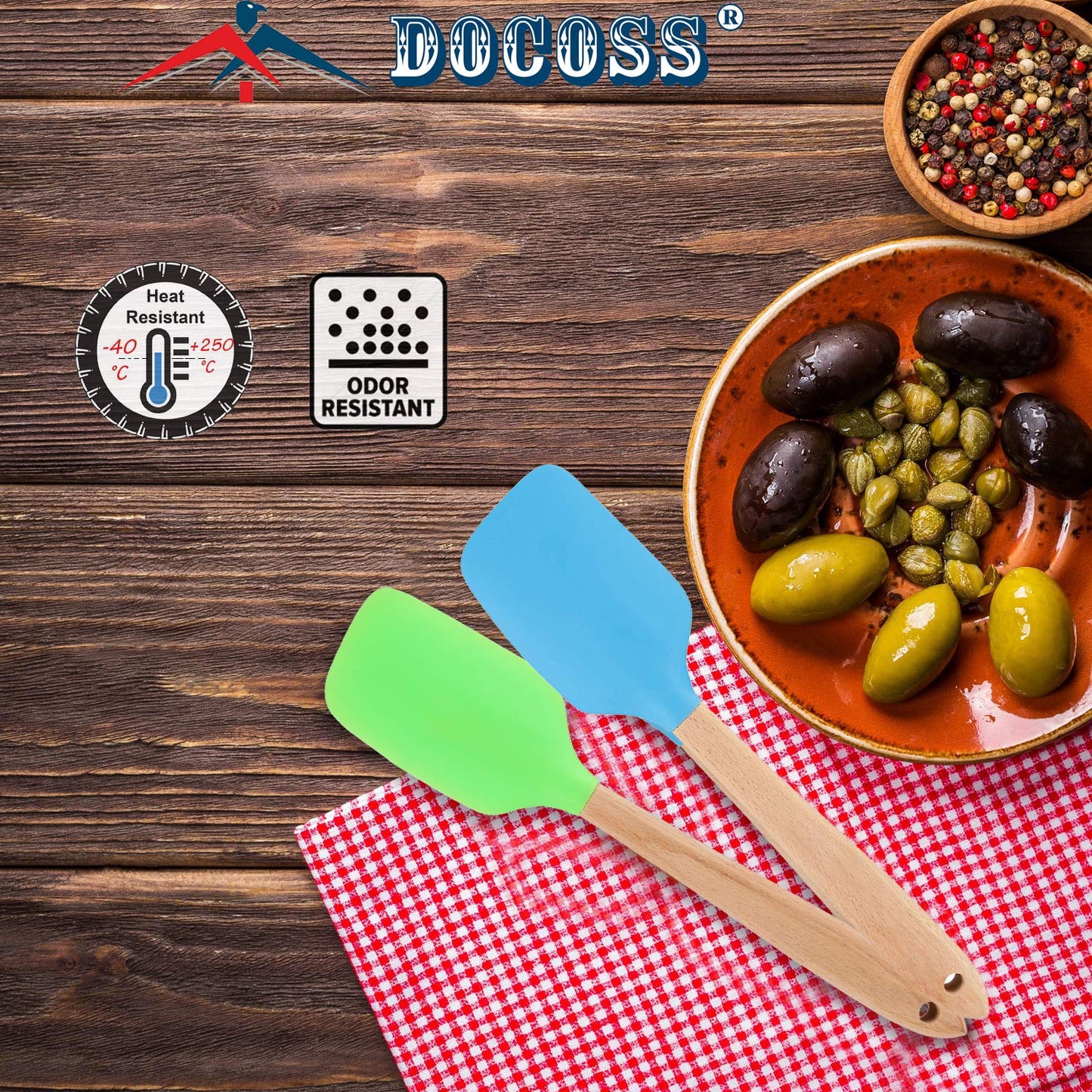 DOCOSS- Pack of 2-Wooden Spatula For Non Stick Pan /Silicone Spatula For Kitchen With Non Stick Spatula Set,Heat Resistant Silicon Spatulas For Cooking /Spatula For Cake /Dosa Spatula ,Baking Accessories
