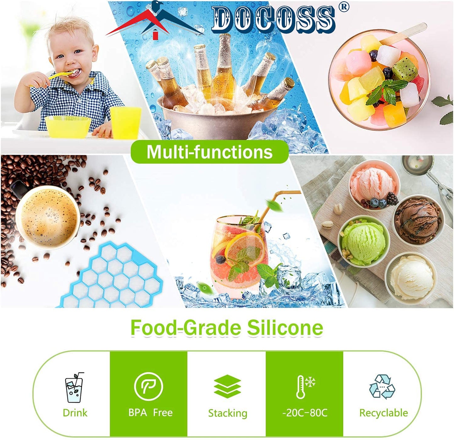 DOCOSS Pack Of 3 Silicone Ice Mold Premium Ice Cube Moulds Maker 37 Cavity Silicon Ice Tray For Freezer Ice Cube Trays with Lid (Multicolor)