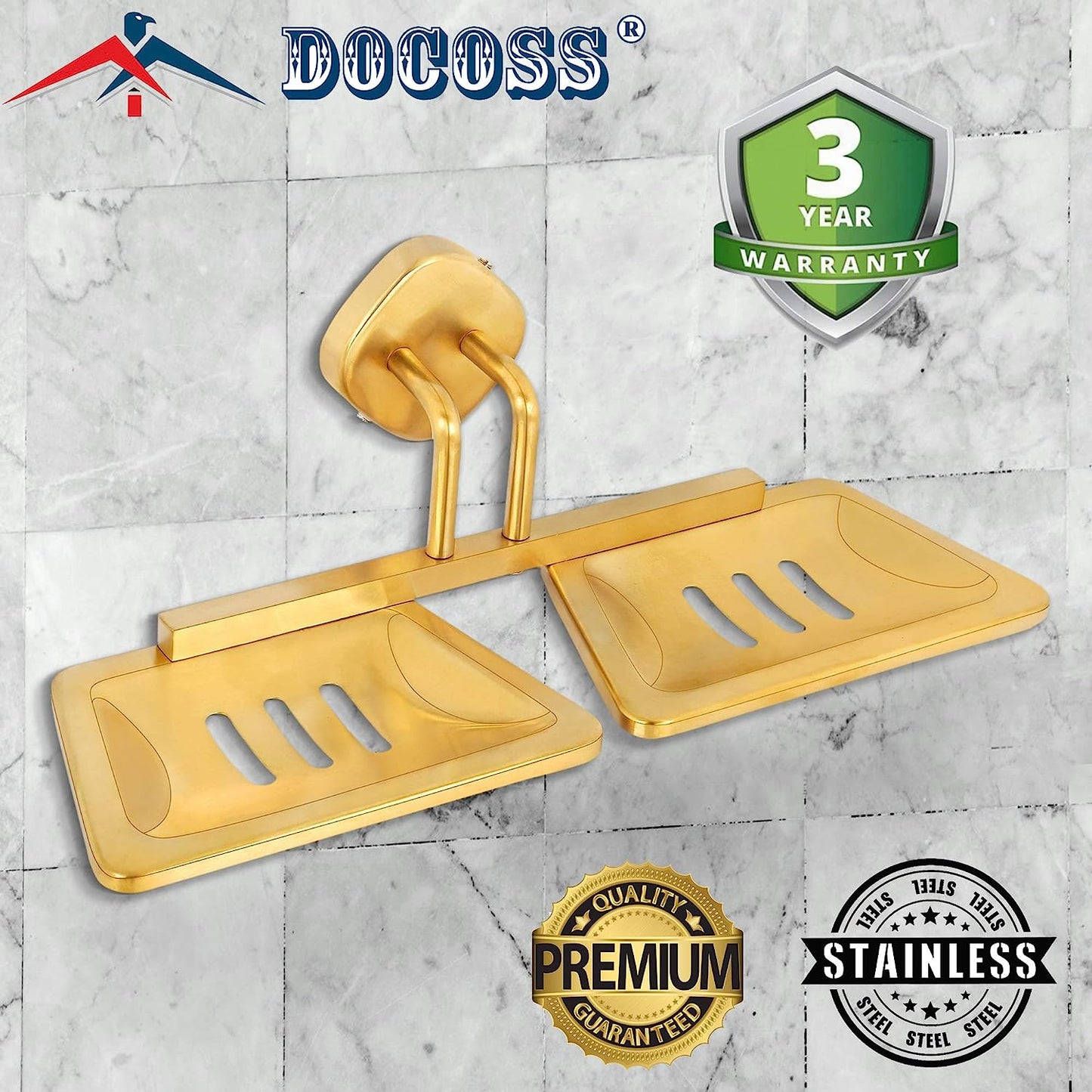 DOCOSS- PVD Coated Stainless Steel Gold Double Soap Holder For Bathroom(3 Years Warranty) Anti Rust Soap Stands for Bathroom Wall Steel Soap Tray Soap Dish Bathroom Accessories (Gold)
