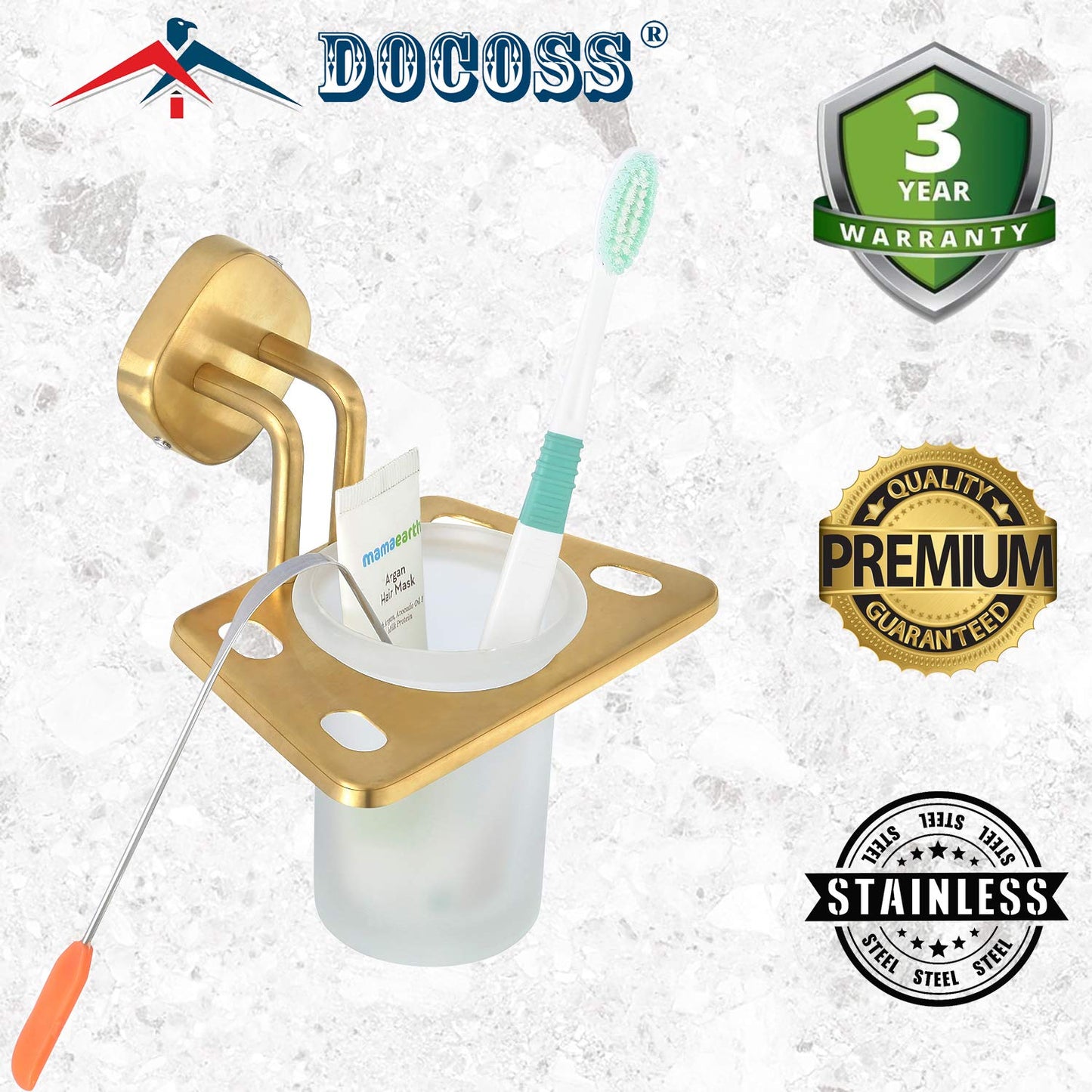 DOCOSS - PVD Coated Modern Glass Toothbrush Holder Wall Mounted (3 Years Warranty)Anti Rust Tumbler Holder Tooth Brush Stand Steel Brush Holder for Washbasin/Bathroom Accessories (Gold)