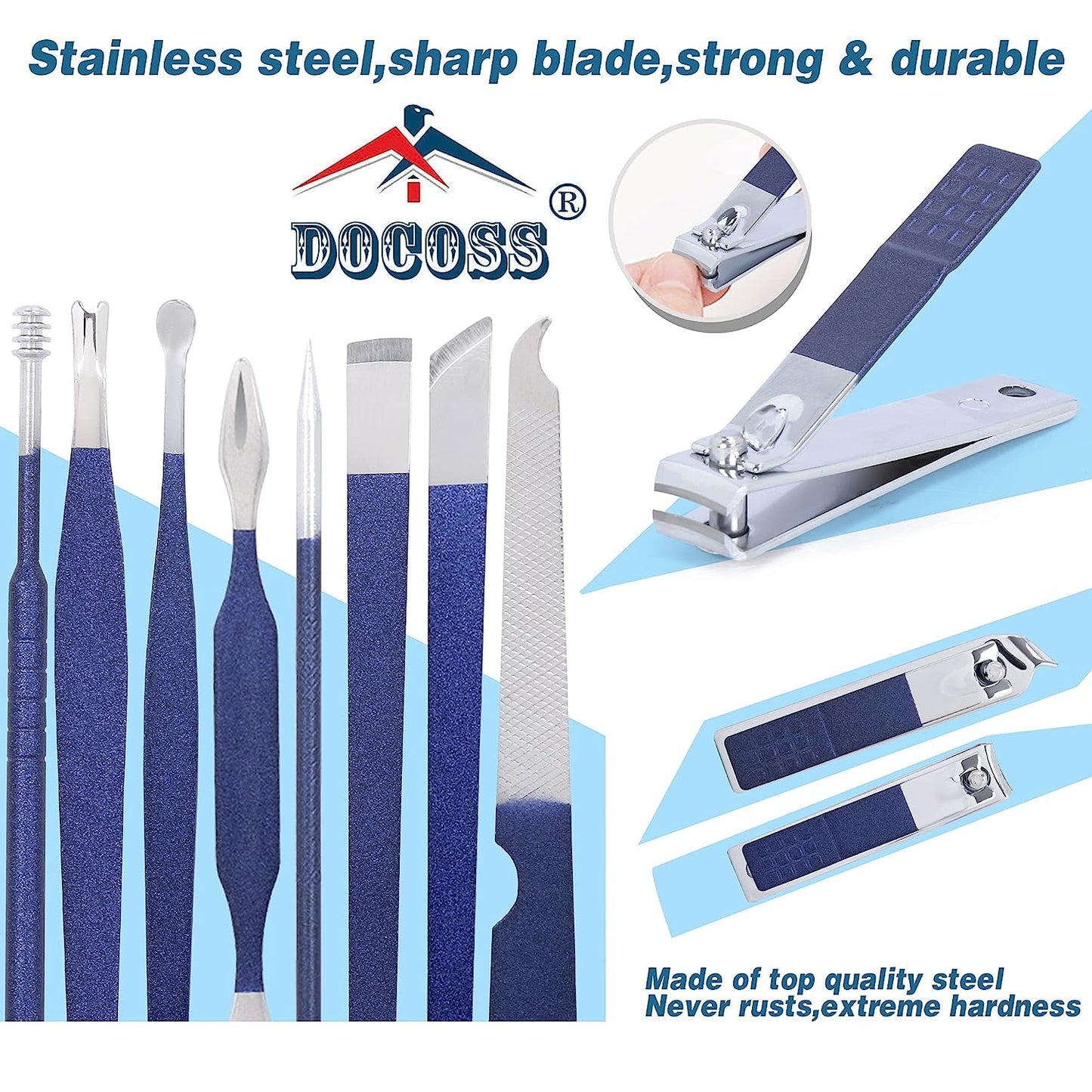 DOCOSS-12 IN 1 Manicure Set Pedicure Stainless Steel Proffesional Nail Cutter Nail Scissors Grooming Kit with Peeling Knife, Nail Cleaning Knife, Acne needle, Blackhead Tool With Leather Travel Case