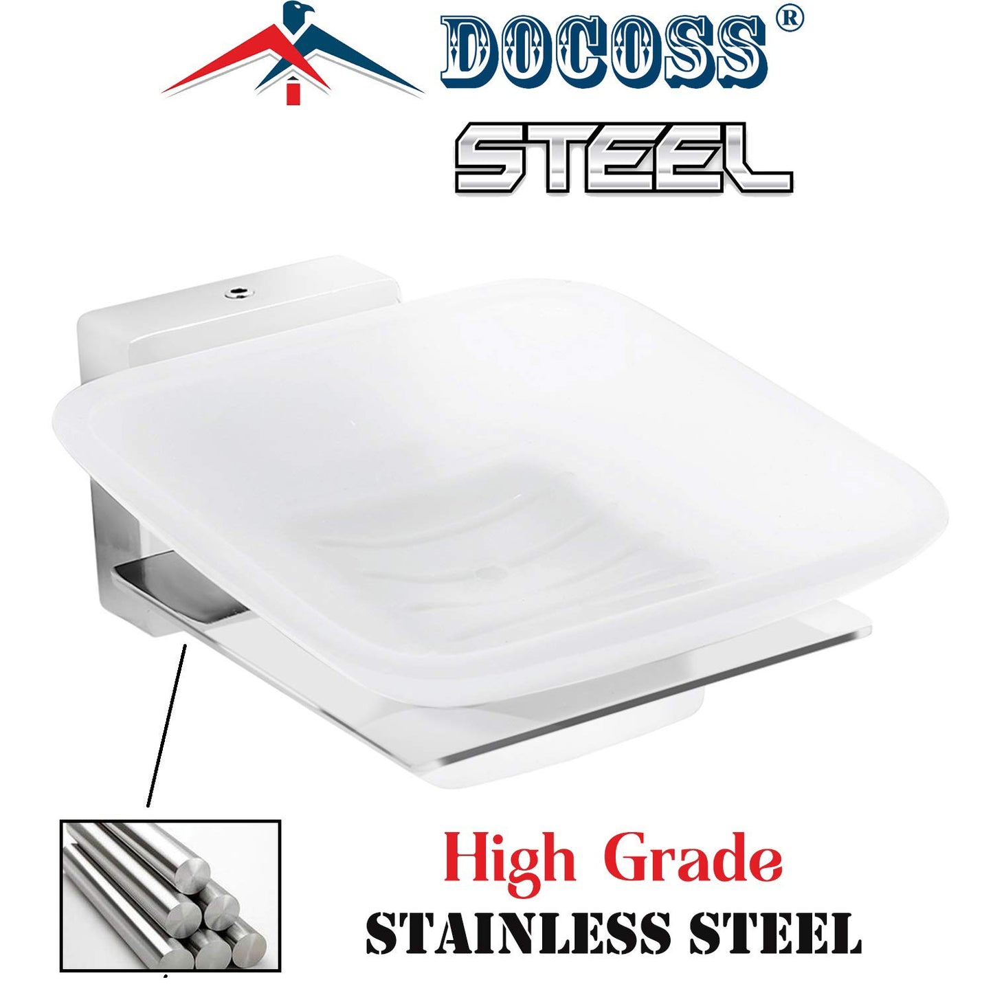DOCOSS- Stainless Steel Glass Soap Holder for bathroom Anti Rust Soap Stand For Bathroom Wall Steel Soap Tray Soap Dish Bathroom Accessories (Silver)