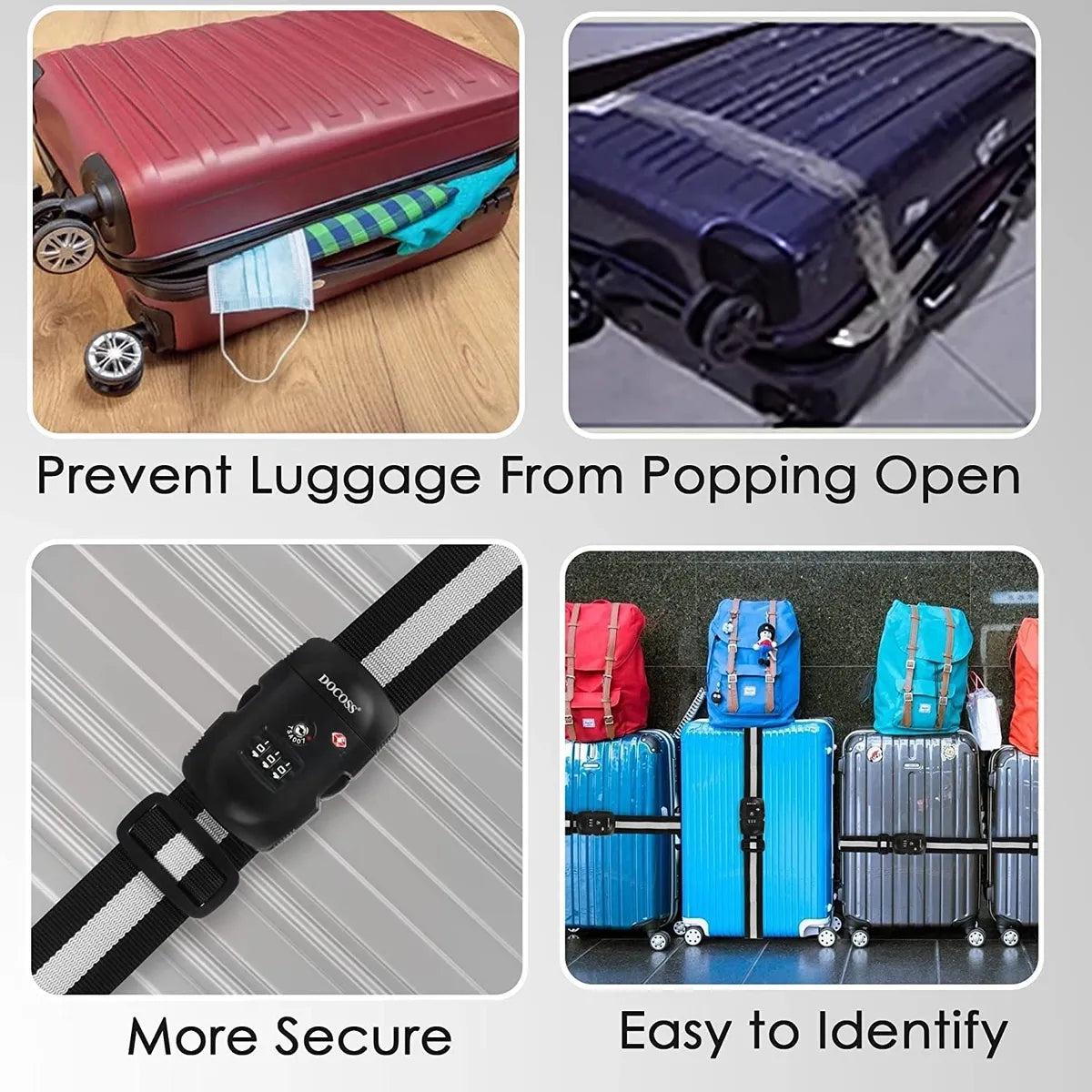 DOCOSS 016 TSA Locks Strap Number Lock for Luggage Belt Adjustable Luggage Strap Locks / Combination Password Luggage Locks for Travel (BLACK)