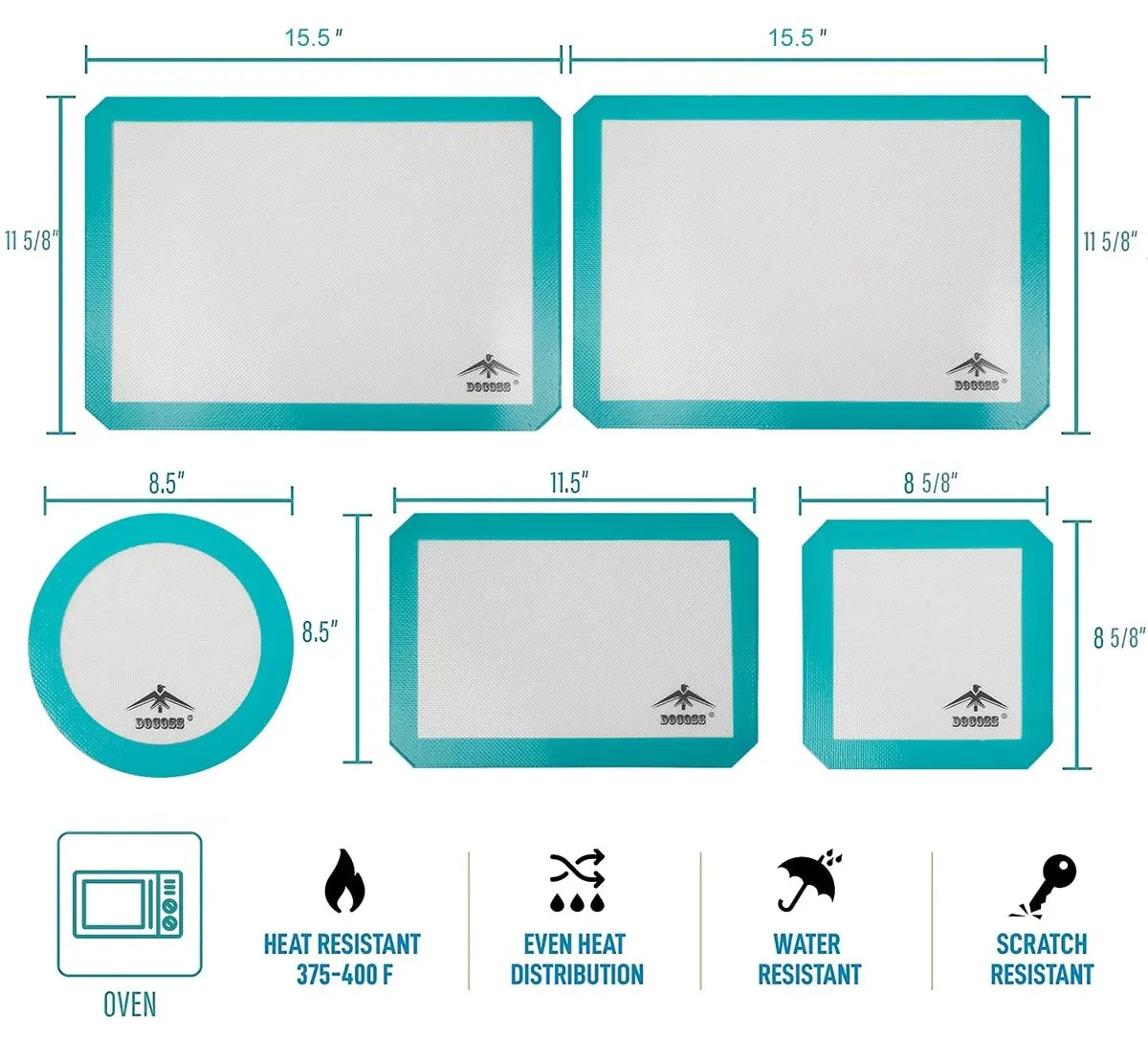 DOCOSS Pack Of 2 Small Silicone Oven Baking Mat Professional Silicon Mat For Baking Non Stick Silicon Mat For Oven Baking Sheet (11.5 " x 8.5 "Inch ) (Turquoise)