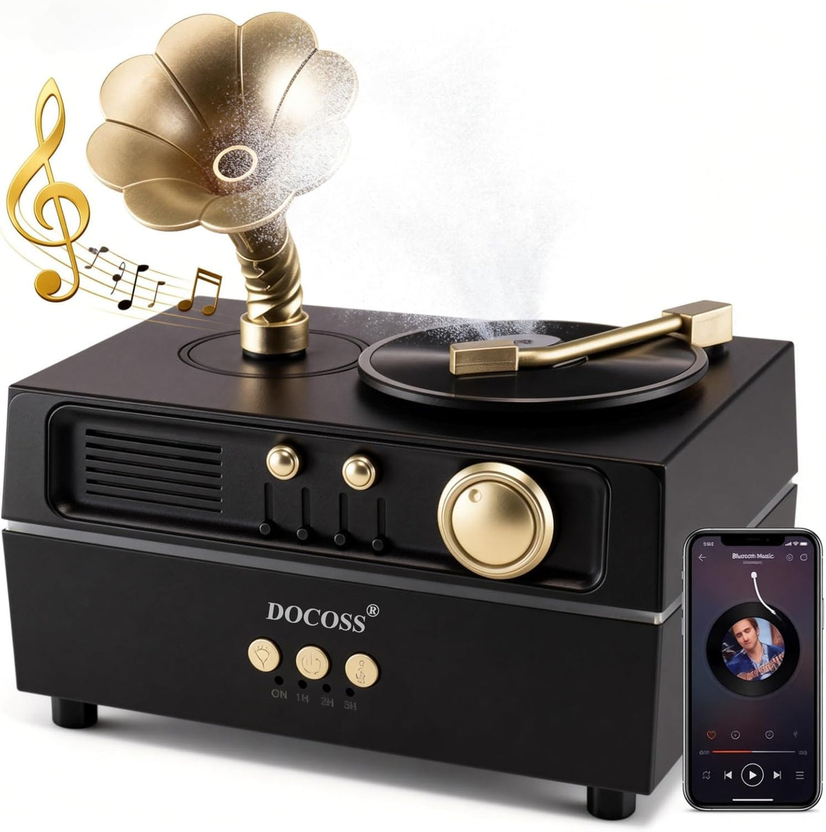 Docoss 2 in 1 Gramophone Aroma Diffuser for Home Electric with Bluetooth Speaker,Essential Oil Diffuser for Home & Bedroom with Remote, 6 LED Light, Retro Design for Home Decor (Antique)