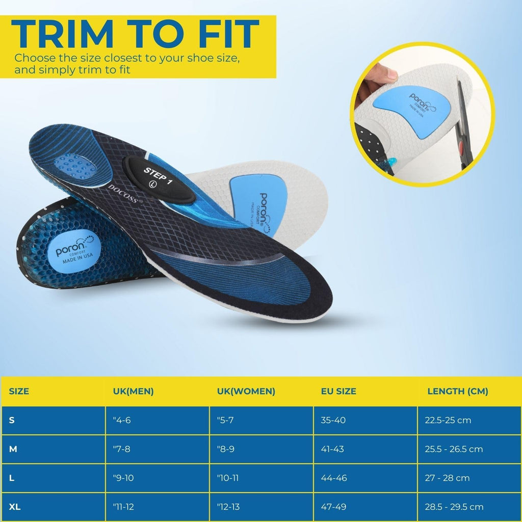DOCOSS x Poron USA-Made Gel Insoles for Men & Women offer superior comfort with a patented dual-gel design, medial arch support for flat feet, and shock absorption. Ideal for loose shoes, replacement inserts, and everyday foot pain relief.