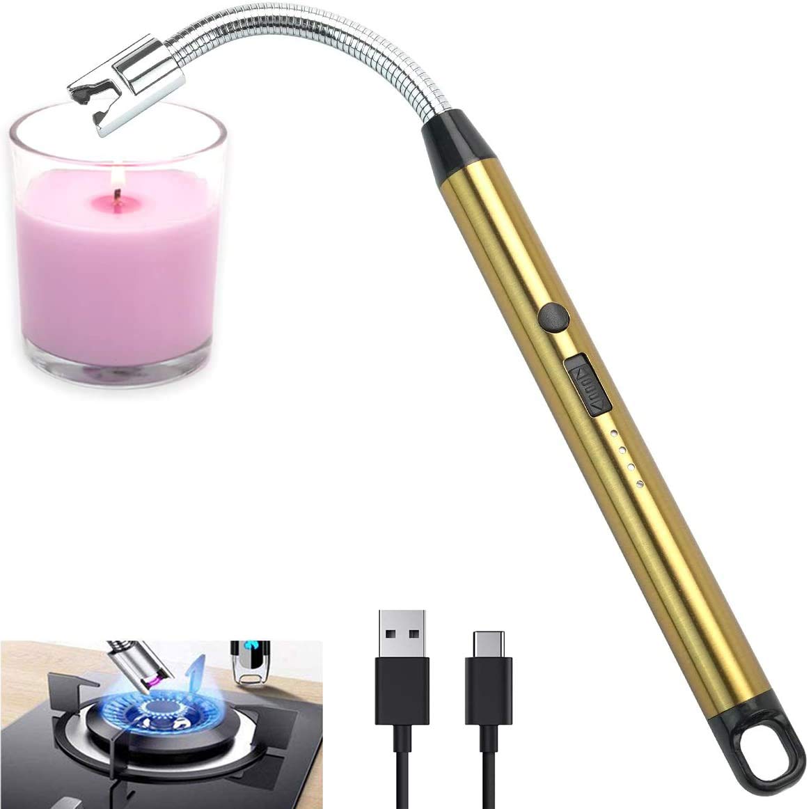DOCOSS - Rechargeable Electric Gas Lighter Kitchen Lighter Chargeable USB Arc Long Lighter for Candle Flexible Lighter Neck for Gas,diyas,agarbatti,Candle (Gold)