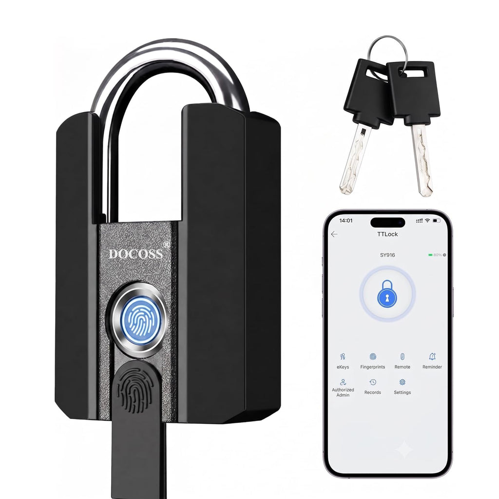 DOCOSS Fingerprint Door Lock, Heavy-Duty Smart Padlock, Fingerprint Lock with 3-Way Unlock (Fingerprint/App/2 Keys),USB Rechargeable, Waterproof Lock for Suitcase,Home, Office, Gym Locker, Gate
