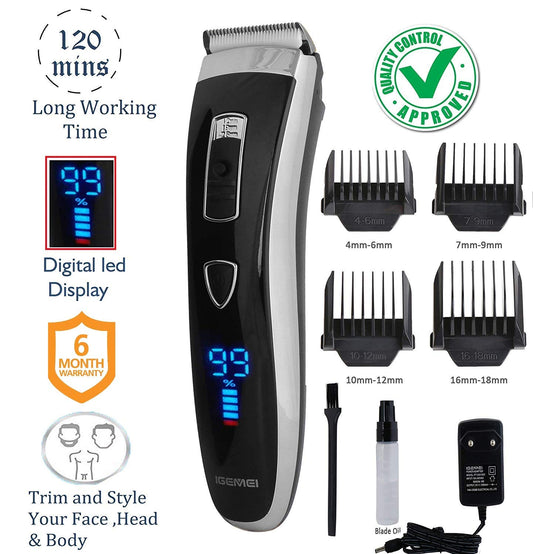 Docoss -Digital Trimmer Rechargeable Beard Trimmer Cordless for Men Professional Hair Clipper / 120 Mins Working Time With 4 Guide Comb ,Titanium Blades (Silver)