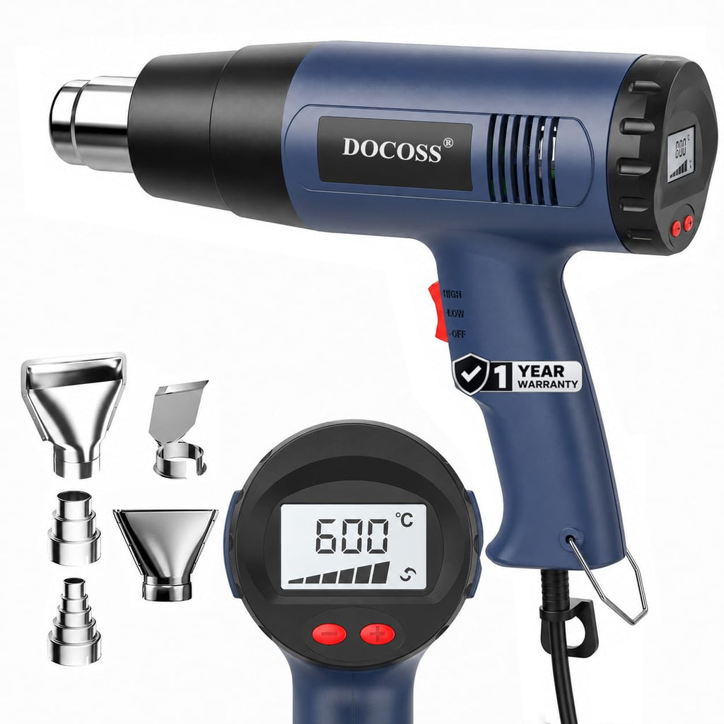 DOCOSS Heat Gun Machine 2000W with Digital LCD Display, Hot Air Gun Machine 60°C-600°C With Temperature Control, Heat Gun for Shrink Wrapping & Packing, Heat Blower Gun with Copper Motor