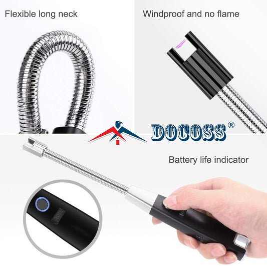 DOCOSS - Rechargeable Electric Lighter Kitchen Gas Lighter 280 mAh High battery Capacity Chargeable USB Arc Long Lighter for Candle Flexible Lighter Neck for Gas,diyas,agarbatti,Candles(Black)