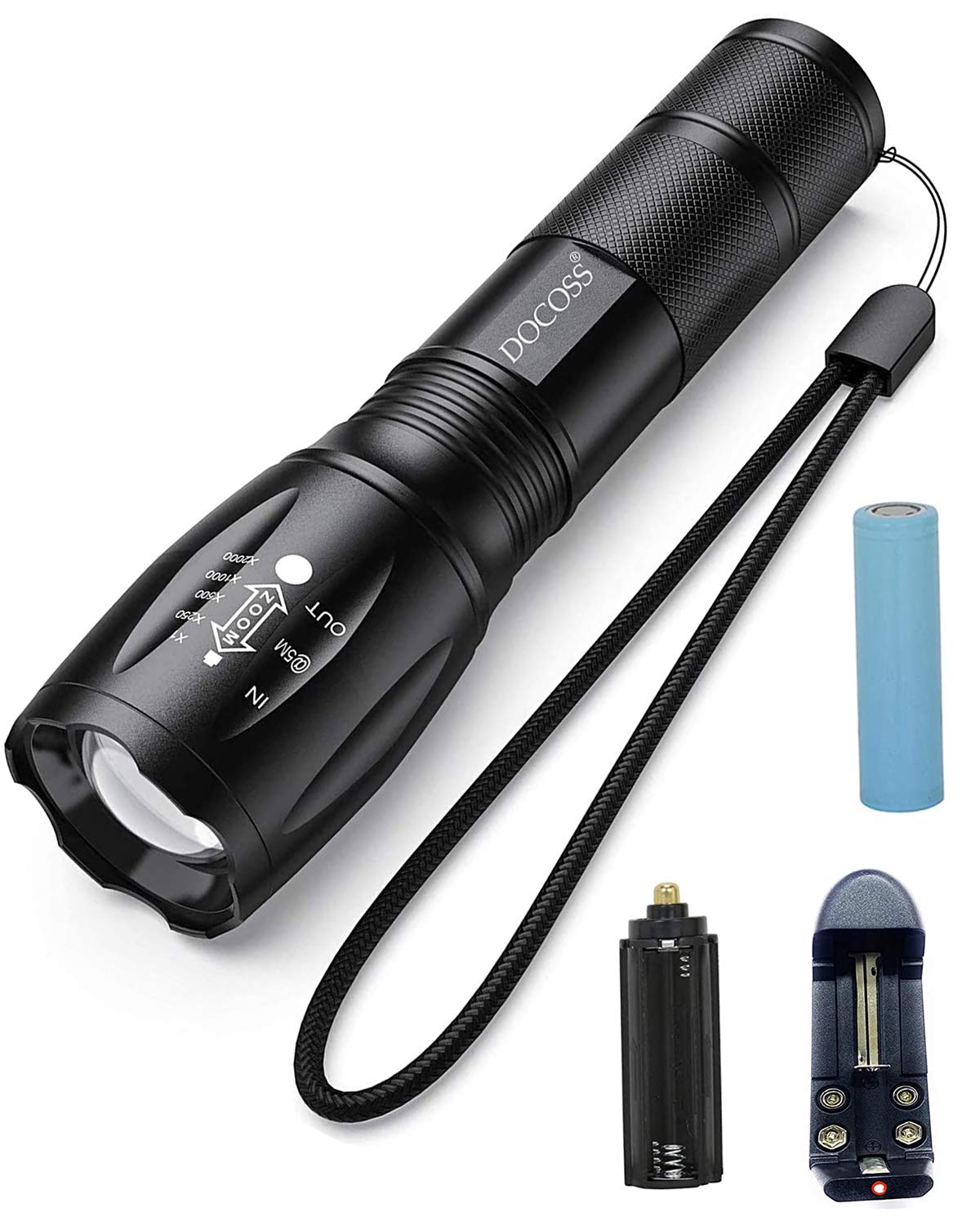 DOCOSS 5 Modes Torch Lights Rechargeable Lights Ultra Bright Cree Led Torch Light Water Resistant High Power Long Distance With Adjustable Focus & Charger (Black, Metal)