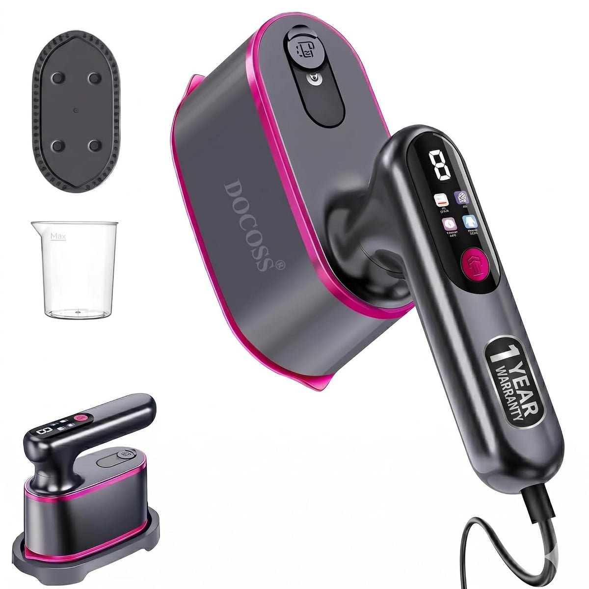 Docoss 2-in 1 Handheld Garment Steamer For Clothes, 1300 Watts Mini Steam Iron For Travel, Vertical & Horizontal with LCD Display|10s Fast Heating|180ML Water Tank Portable Travelling Steam Iron