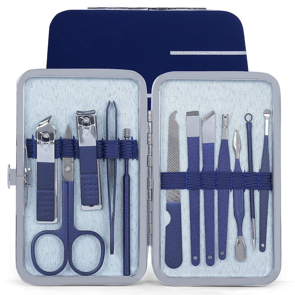 DOCOSS-12 IN 1 Manicure Set Pedicure Stainless Steel Proffesional Nail Cutter Nail Scissors Grooming Kit with Peeling Knife, Nail Cleaning Knife, Acne needle, Blackhead Tool With Leather Travel Case