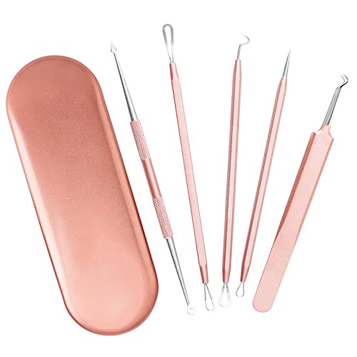 DOCOSS 5 In 1 Stainless Steel Blackhead Remover, Acne & Pimple Removal Acne Needle Tool Set With Metal Case - Rose Gold