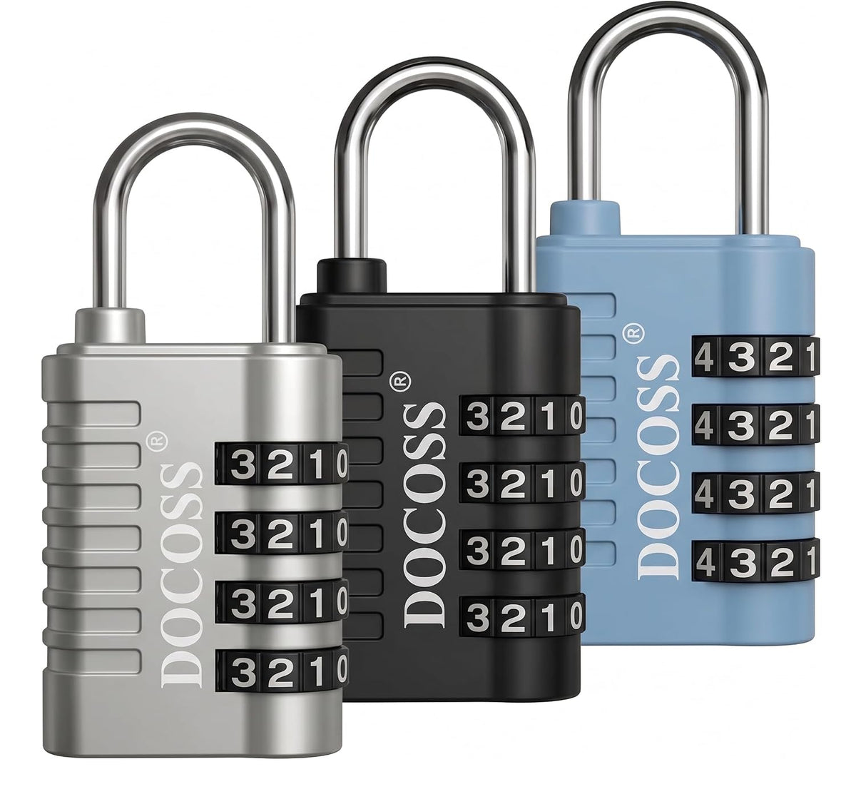 DOCOSS Metal 4 Digit Combination Number Lock for Luggage Bag,Water-Resistant & Hardened Shackle,Pack of 3 (Black,Silver, Blue)