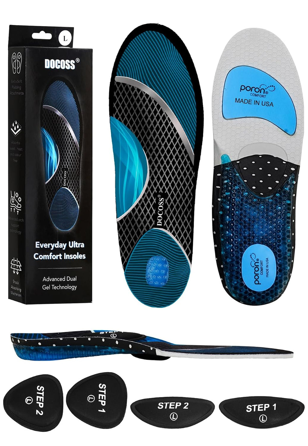 DOCOSS x Poron USA-Made Gel Insoles for Men & Women offer superior comfort with a patented dual-gel design, medial arch support for flat feet, and shock absorption. Ideal for loose shoes, replacement inserts, and everyday foot pain relief.