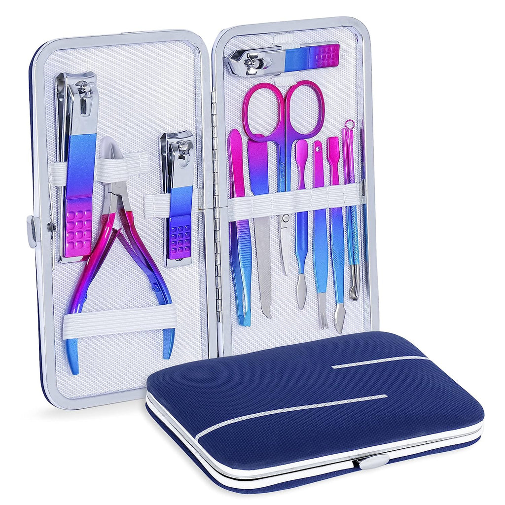 DOCOSS-12 IN 1 Stainless Steel Proffesional Manicure Pedicure Set Nail Cutter ,Scissors Grooming Kit with Peeling Knife, Nail Cleaning Knife, Acne needle, Blackhead Tool With Leather Travel Case