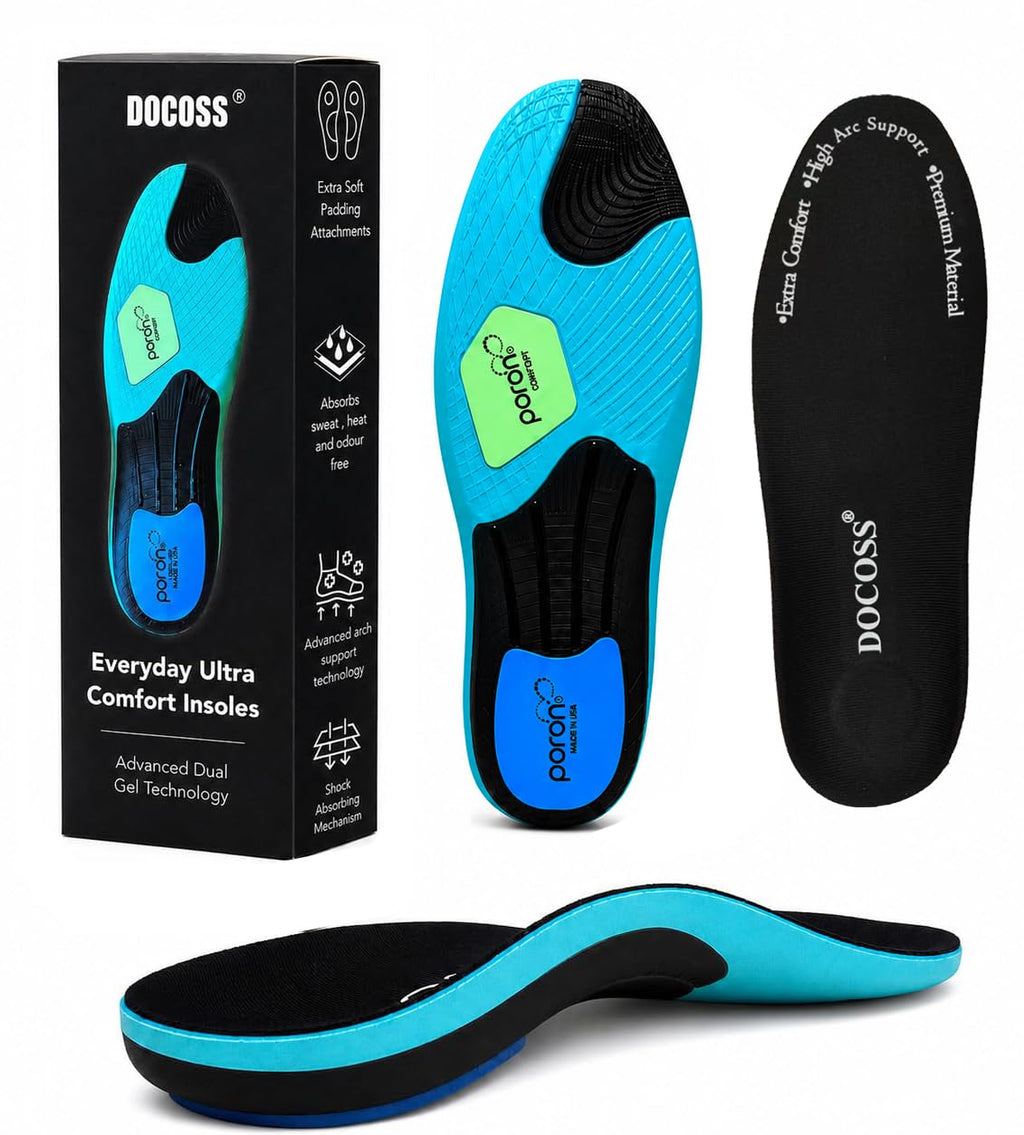 DOCOSS x Poron (USA Make) Rigid High Arch Support Insole for Flat Feet, Shoes insoles for Men & Women with Extra Comfort & Patented Dual Gel Design, Comfortable Insole for Flat Foot