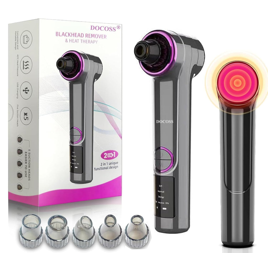 Docoss Ultrasonic Black head Remover Tool with Heating Mode -Rechargeable White heads & Blackhead Removal Machine for Nose with 5 Suction Levels and Probes, 2 in 1 Pore Cleaner for Brighter Face